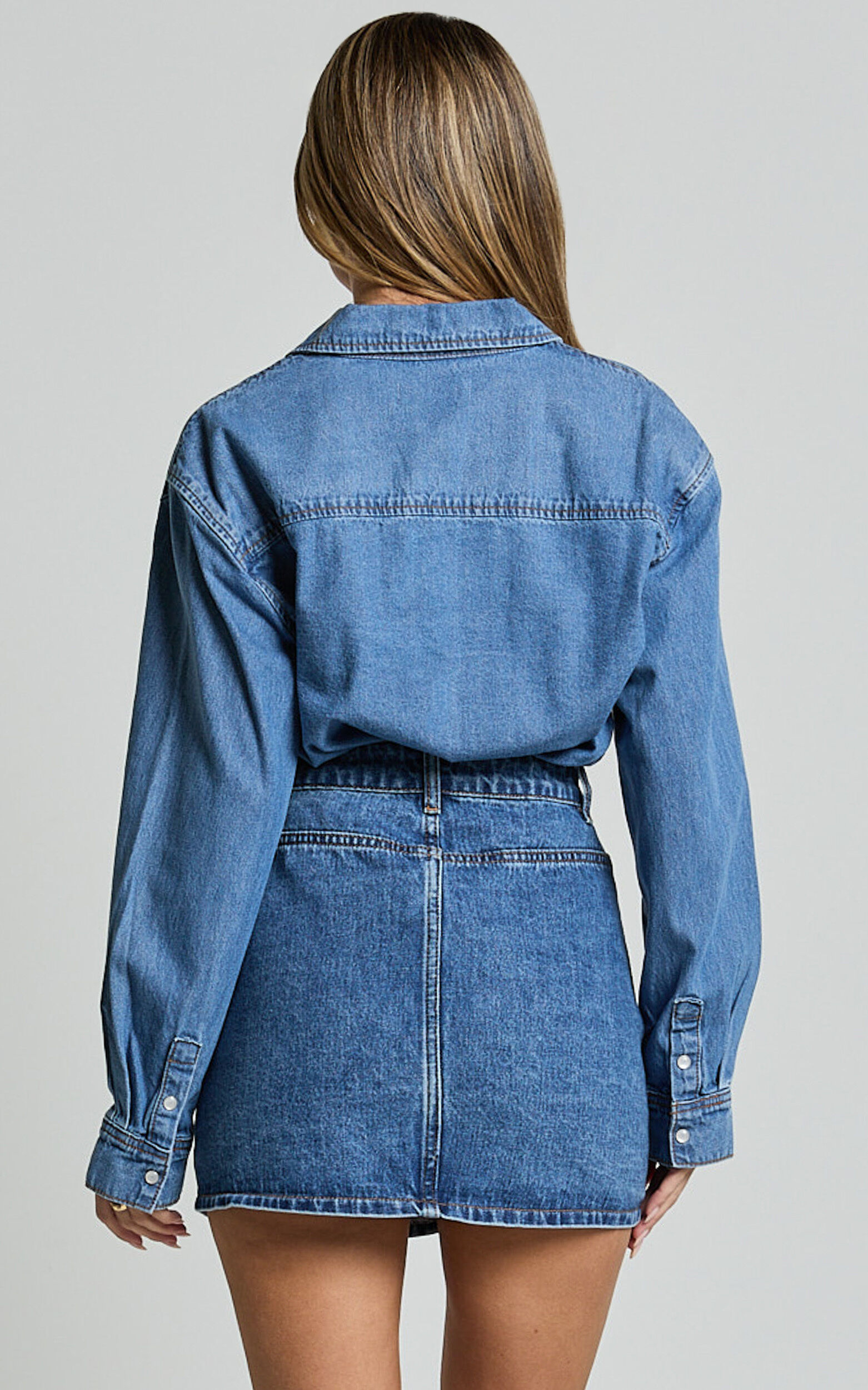 Collins Top - Long Sleeve Button Through Denim Shirt in Mid Blue Wash