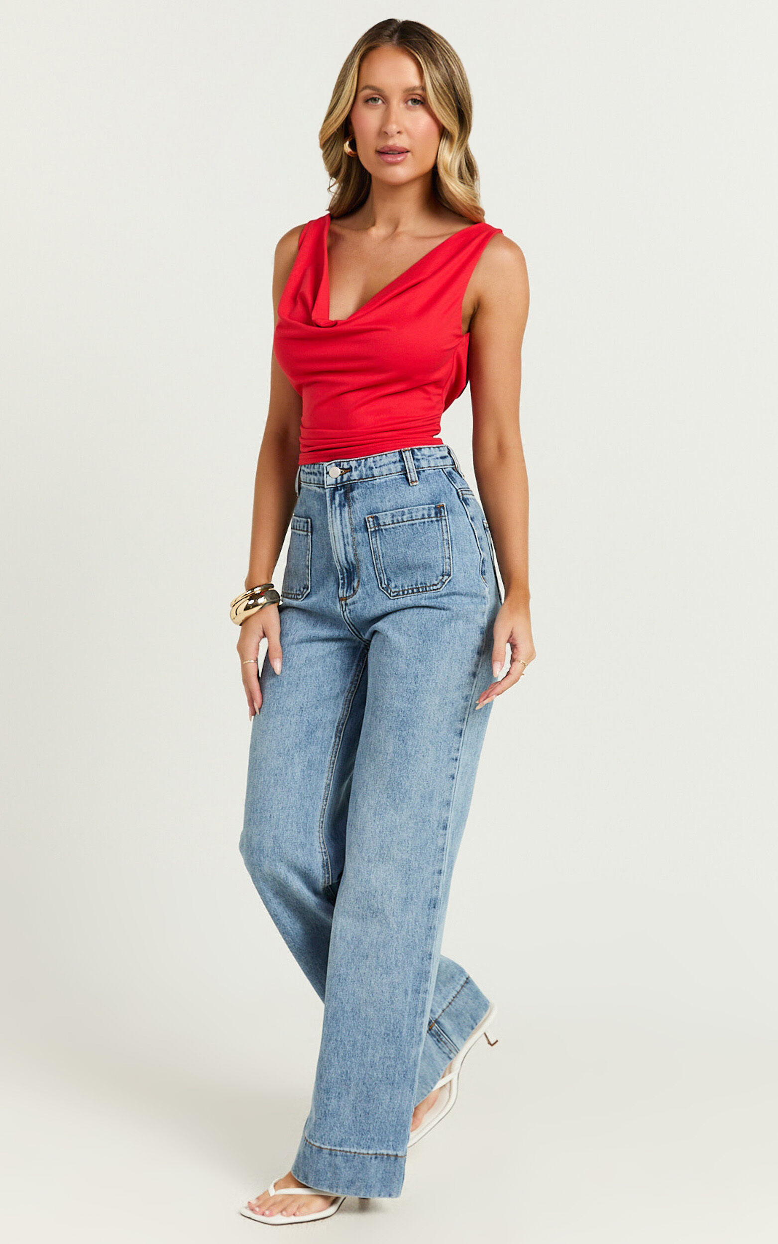 Vancouver Jeans - High Waist Straight Leg Patch Pocket Denim Jeans in Blue Wash