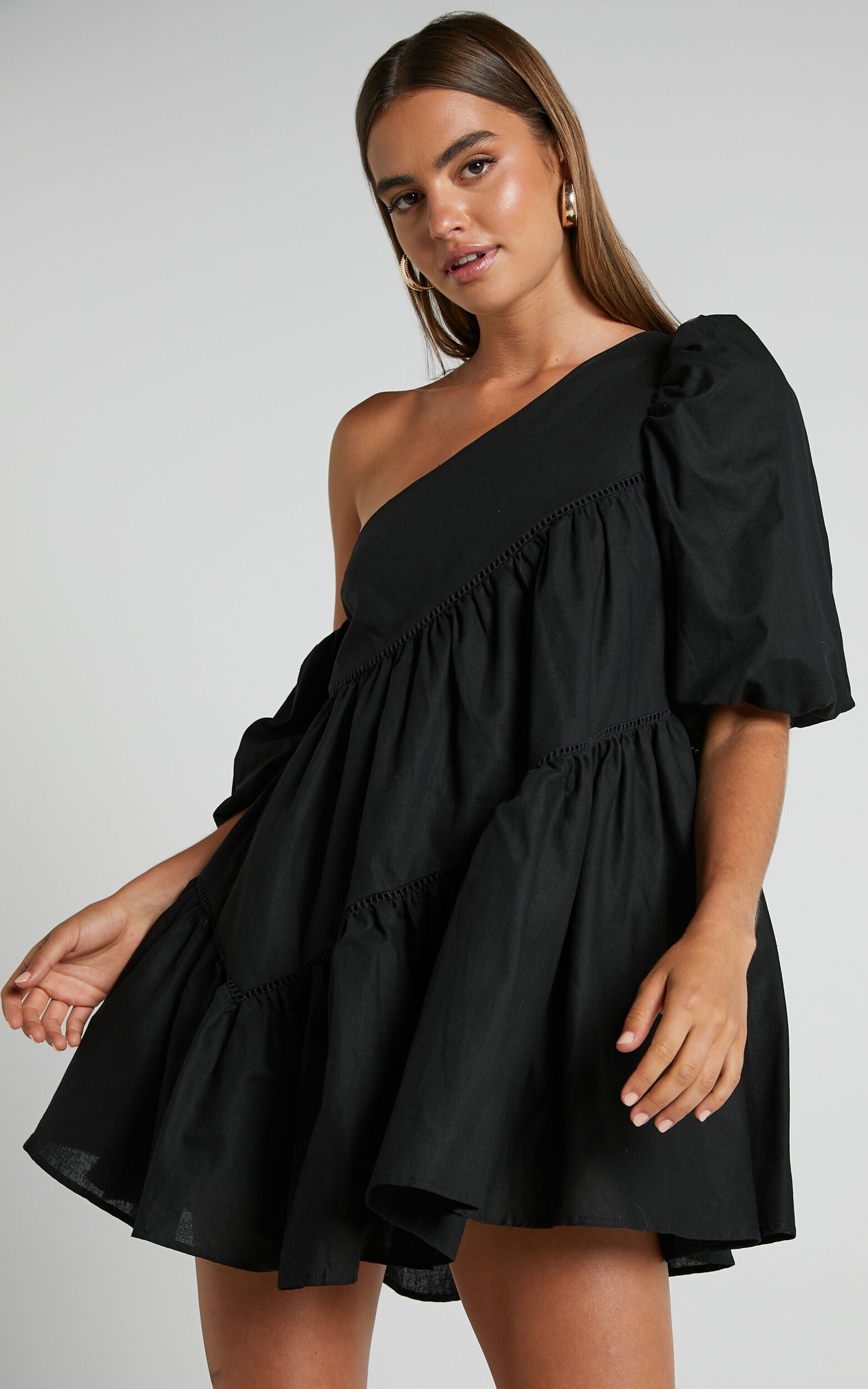Harleen Mini Dress - Linen Asymmetrical Trim Puff Sleeve Dress in Black