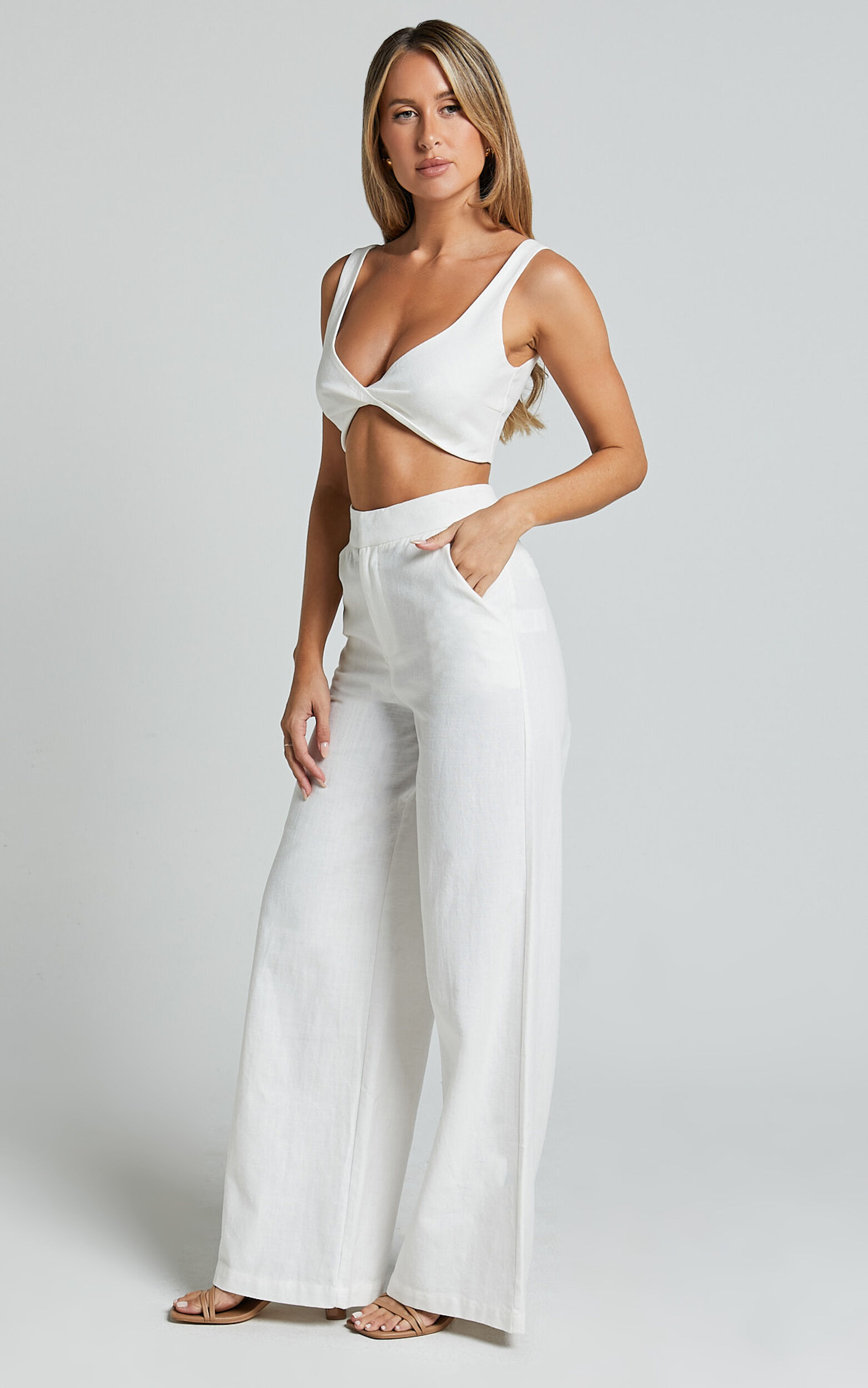 Kingston Two Piece Set - Twist Front Twill and Wide Leg Pants Set in White