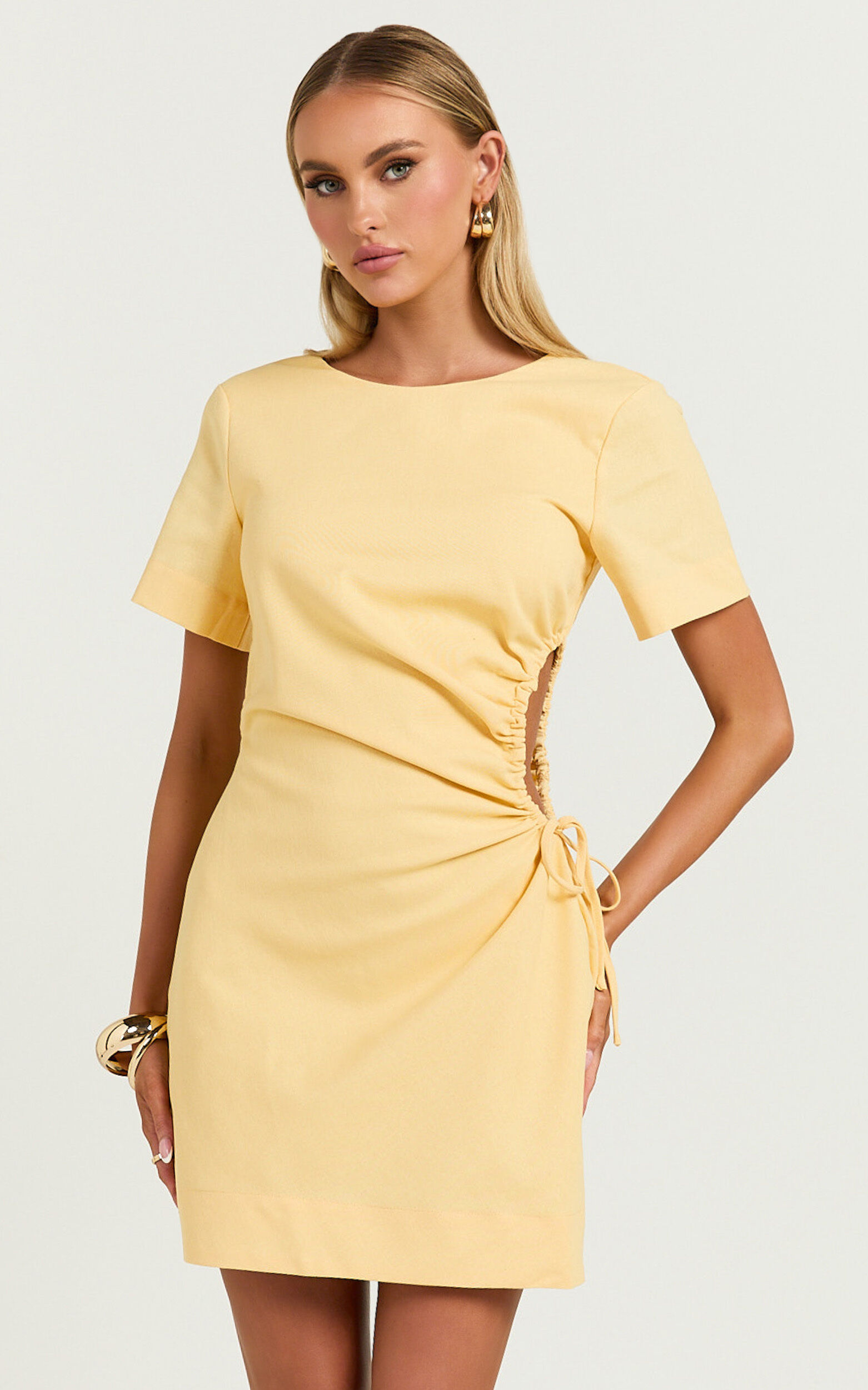 Samira Mini Dress - Ruched Cut Out Linen Dress in Lemon