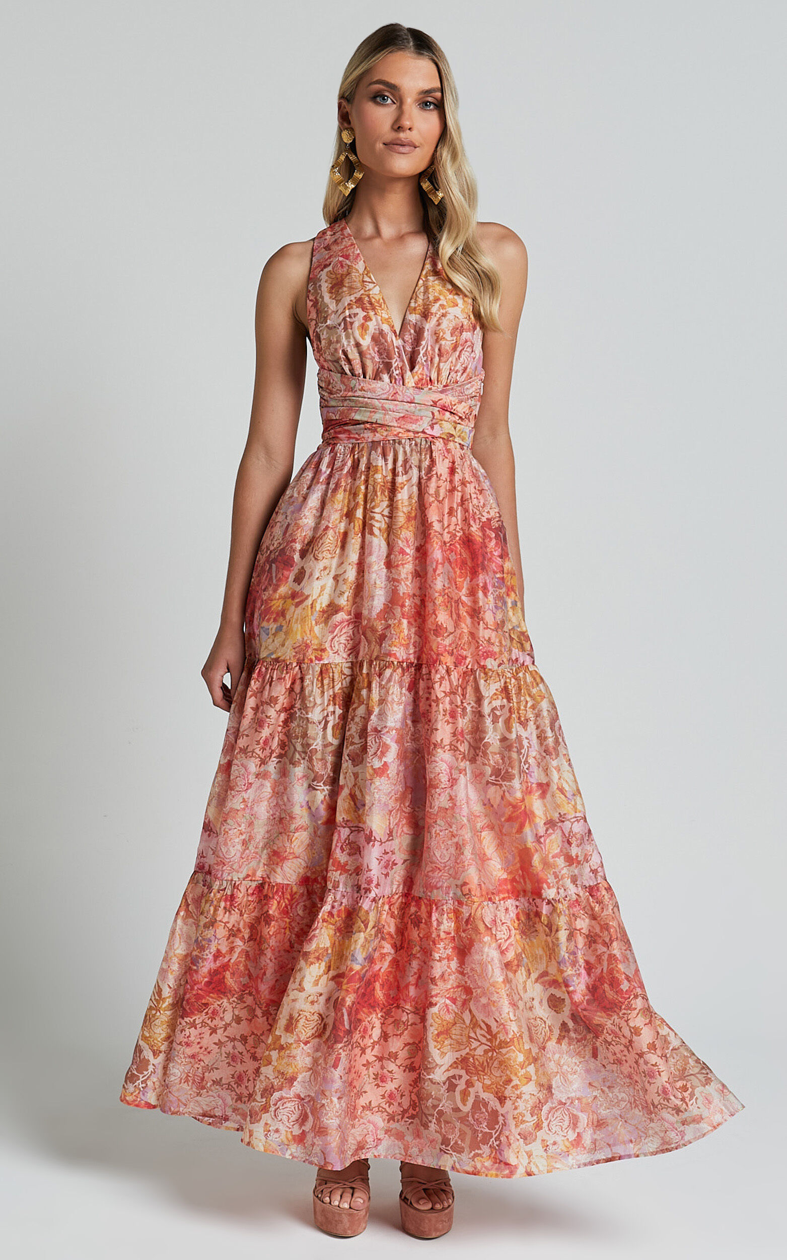 Amalie The Label - Monte Plunge Neck Tie Back Tiered Maxi Dress in Morocco Print