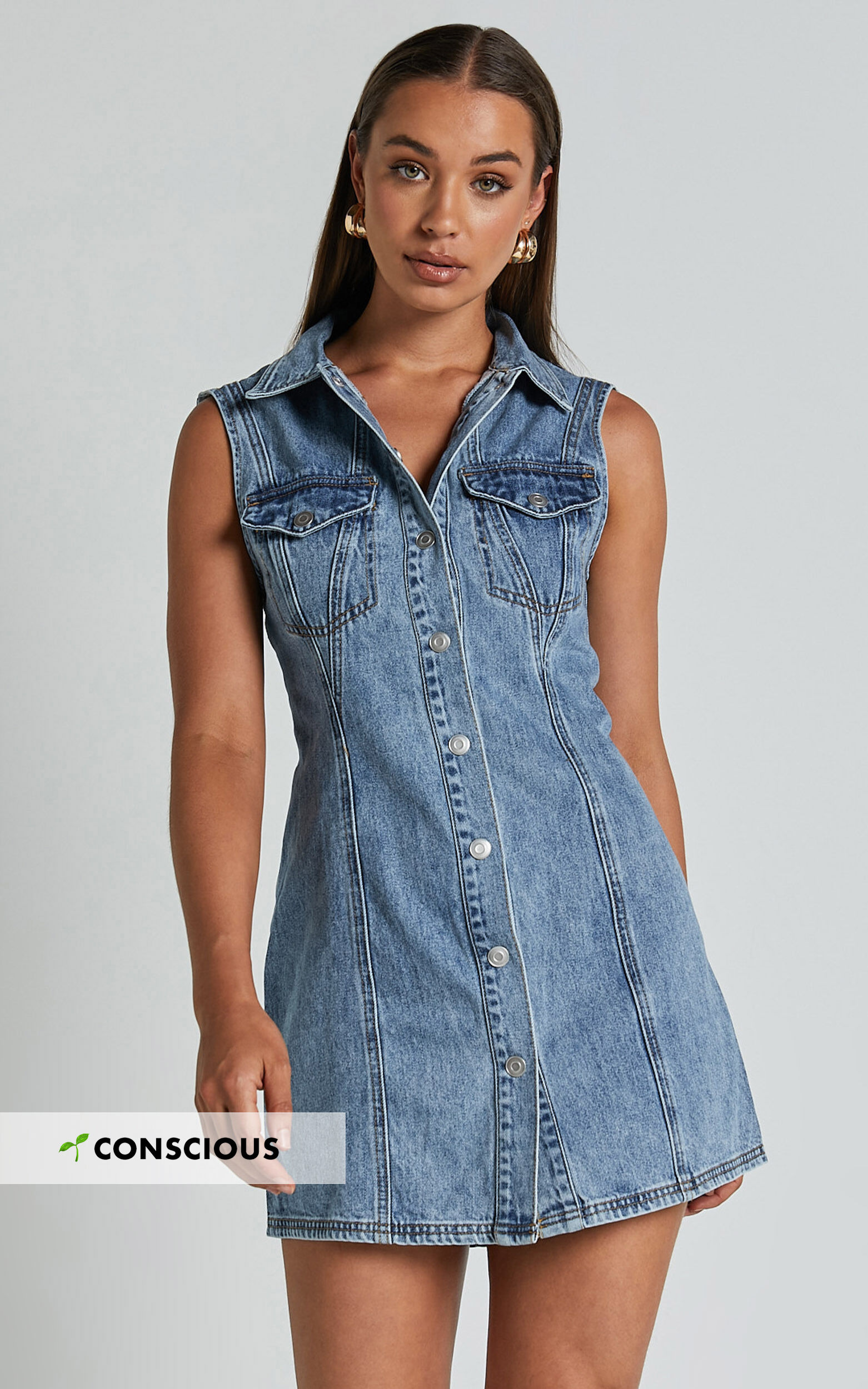 Gigie Mini Dress - Button Front Collared Denim in Mid Blue Wash