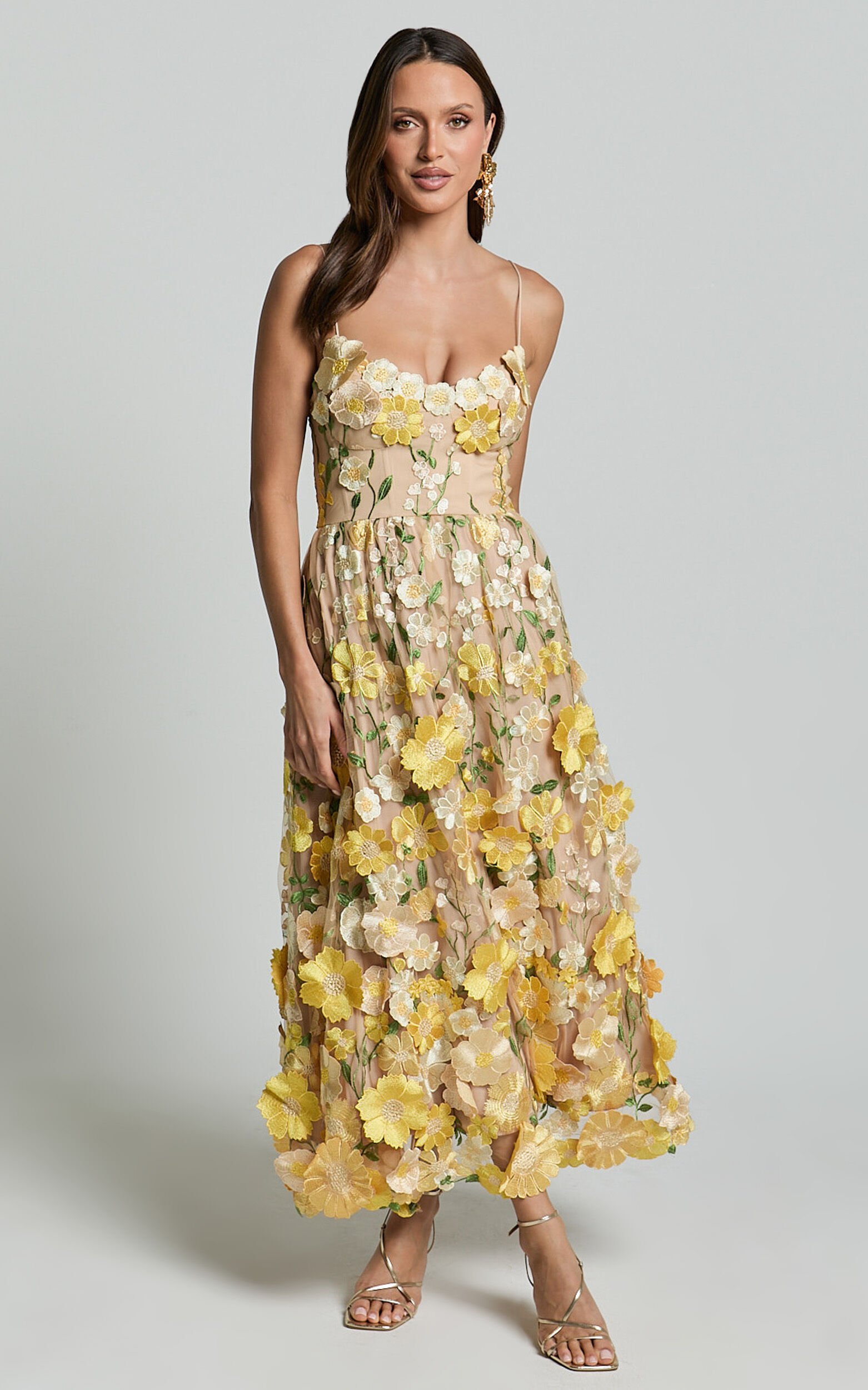 Amalie The Label - Mia Strappy Flower Detail Midi Dress in Yellow