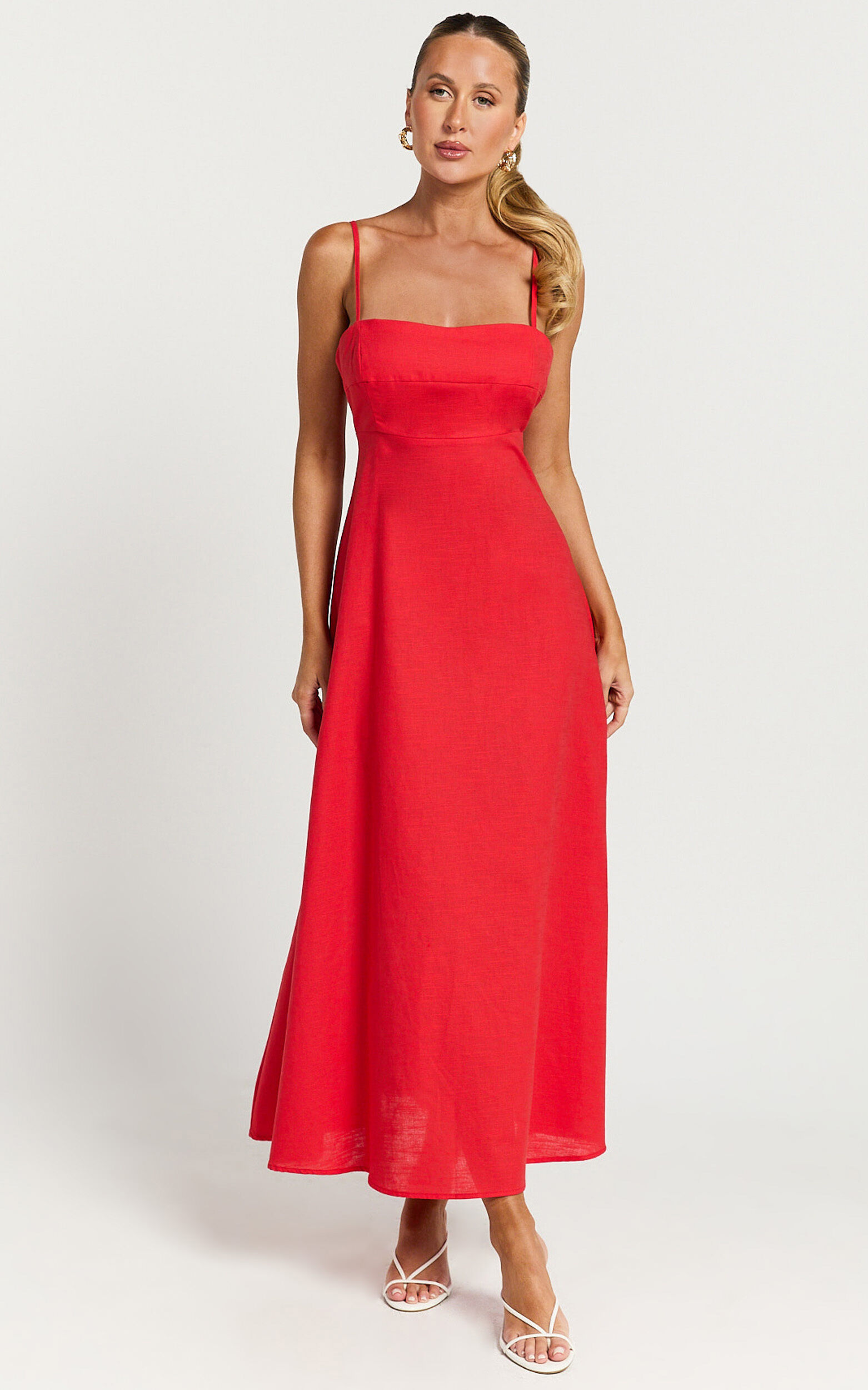 Brette Midi Dress - Linen Straight Neck Strappy Fit And Flare Dress in Red