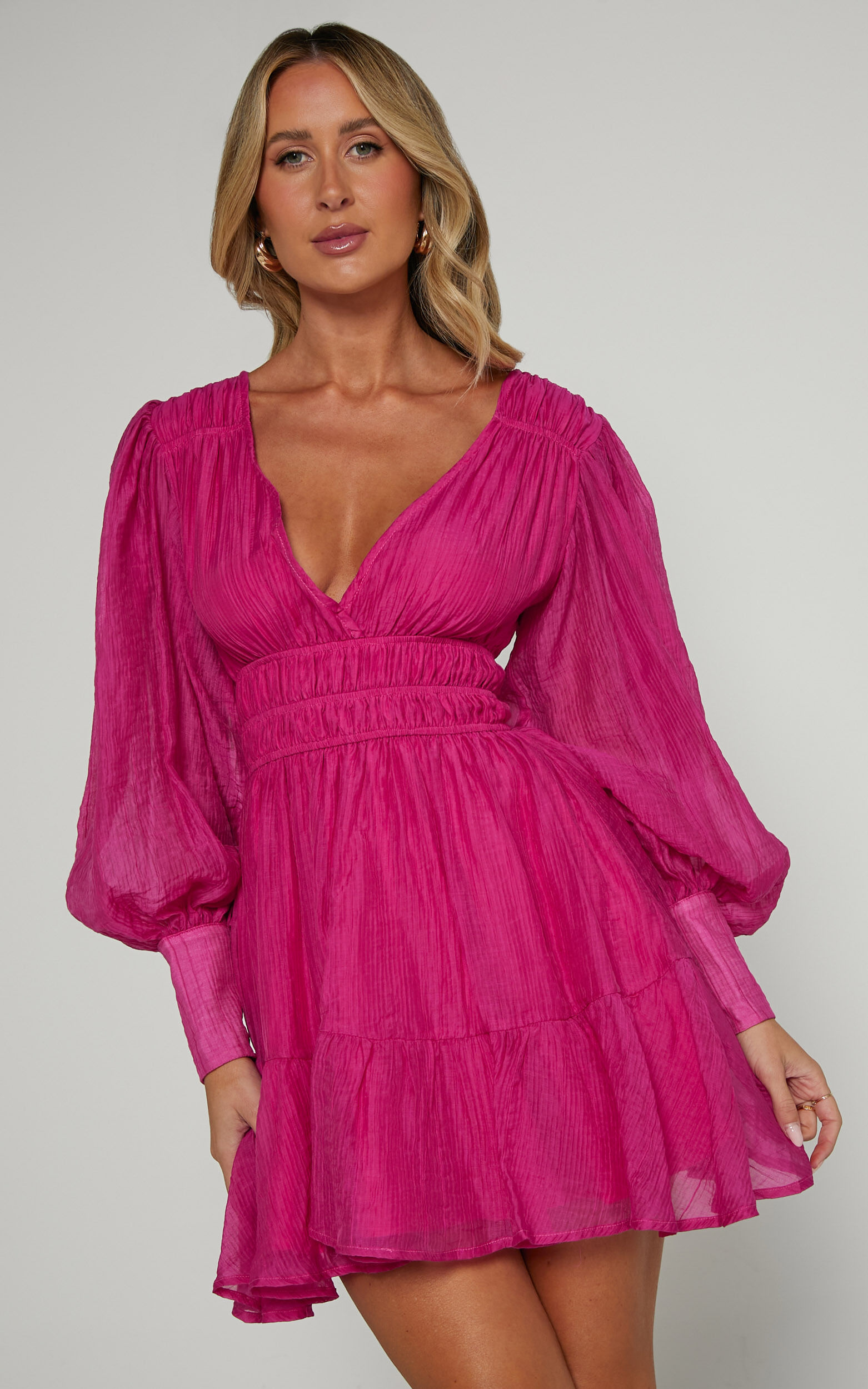 Phillipa Mini Dress - V Neck Dress in Hot Pink