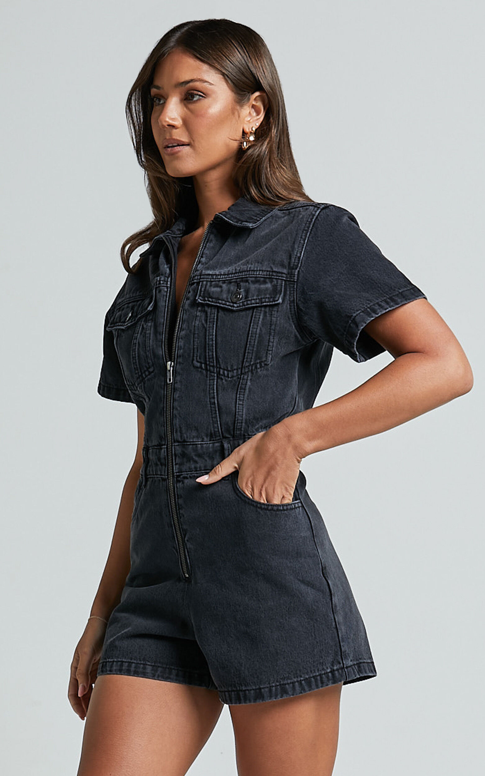 Mauriel Playsuit - Recycled Cotton Utility Playsuit in Washed Black