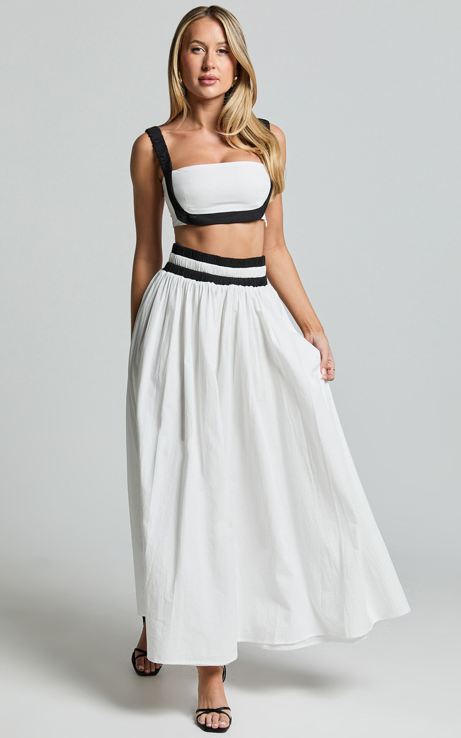 Sapphire Two Piece Set - Contrast Band Crop Top and A Line Maxi Skirt in White & Black