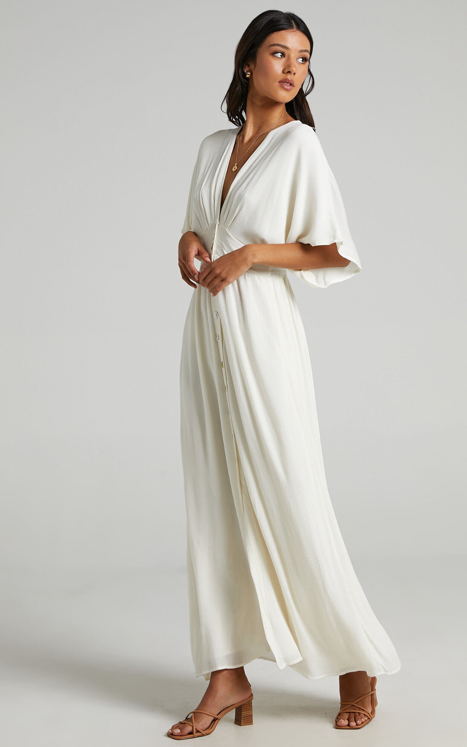 Sitting Pretty Maxi Dress - Short Sleeve Button Down Dress in Natural