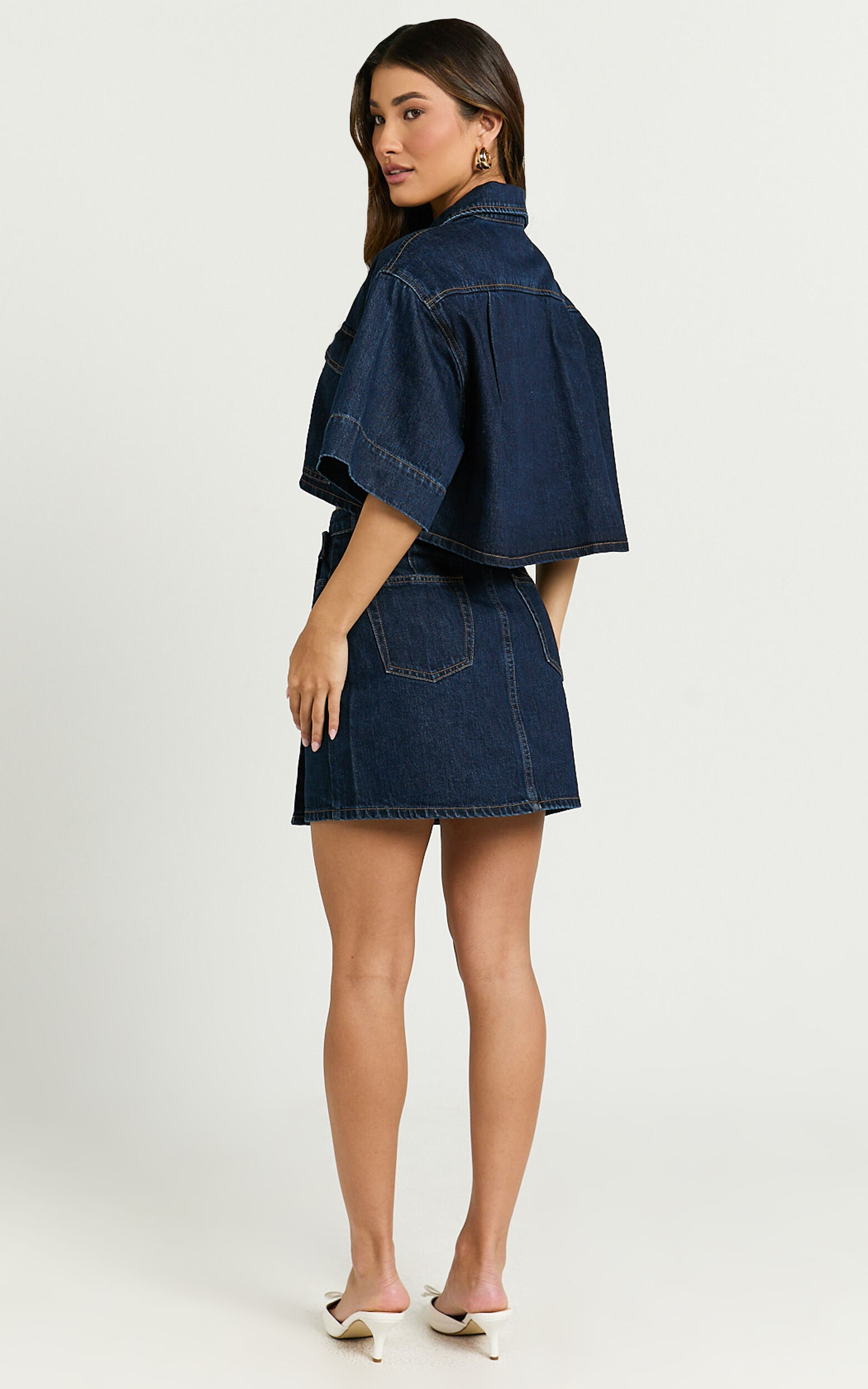 Katherine Mini Skirt - Cross Front Recycled Denim Skirt in Dark Blue Wash