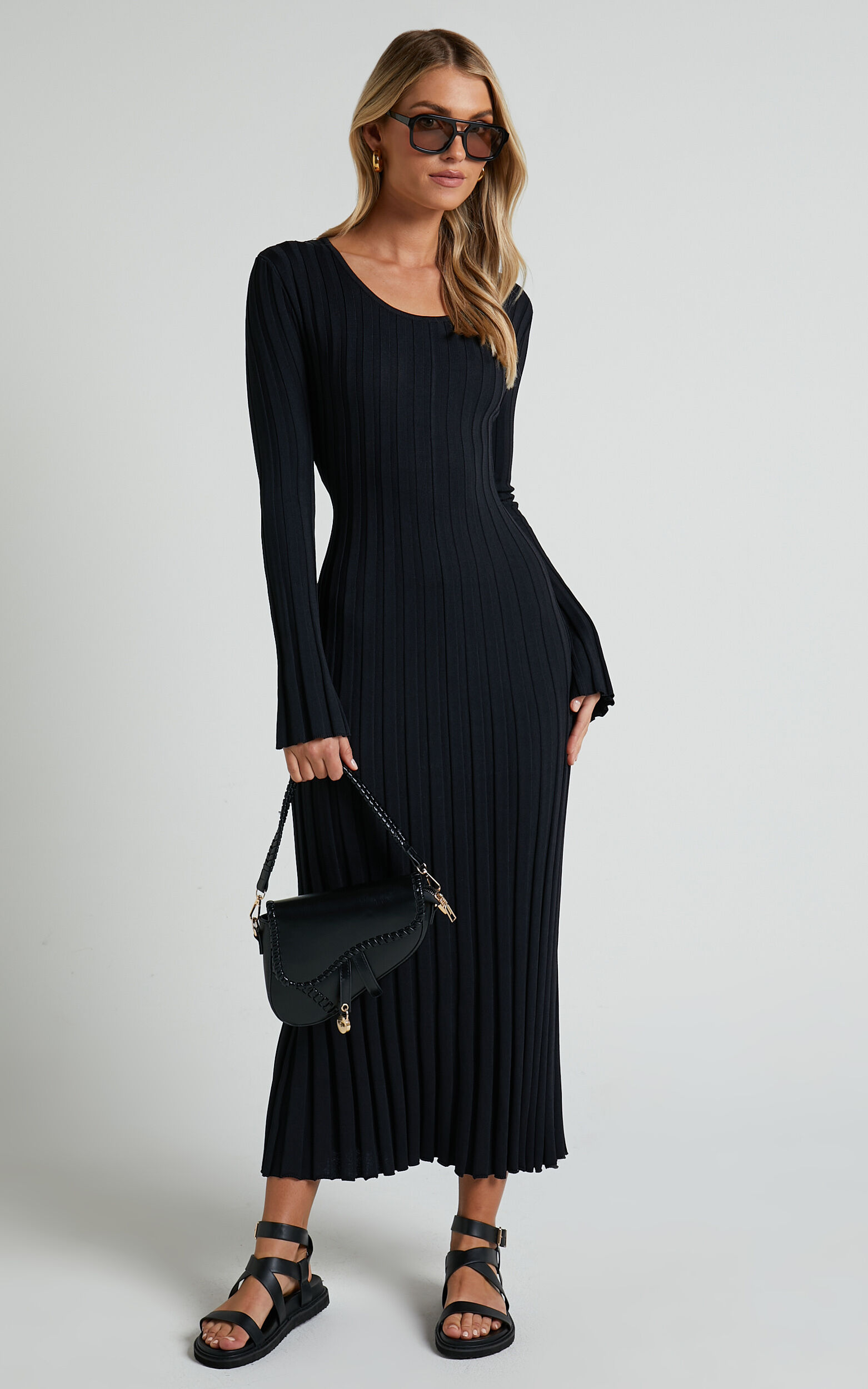 Blaire Midi Dress - Long Sleeve Tie Back Flare Dress in Black