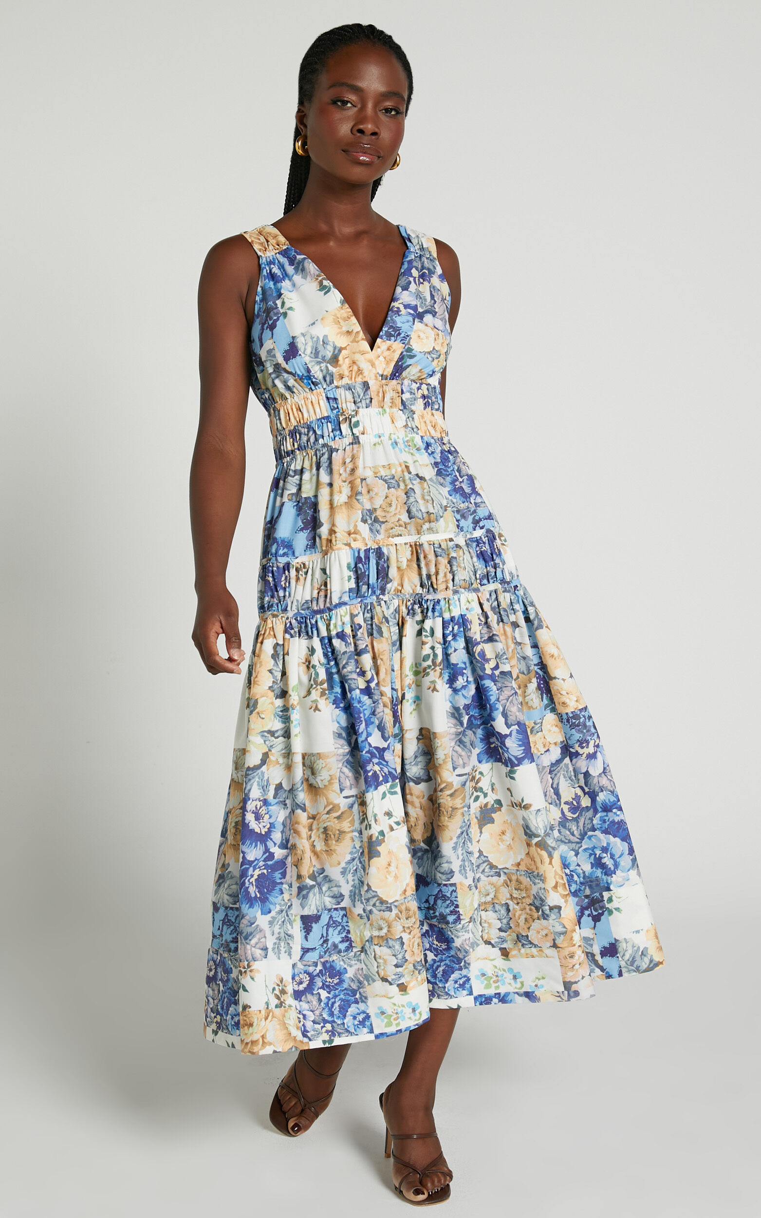 Emily Midi Dress - Plunge Tiered Midi in Patchwork Floral