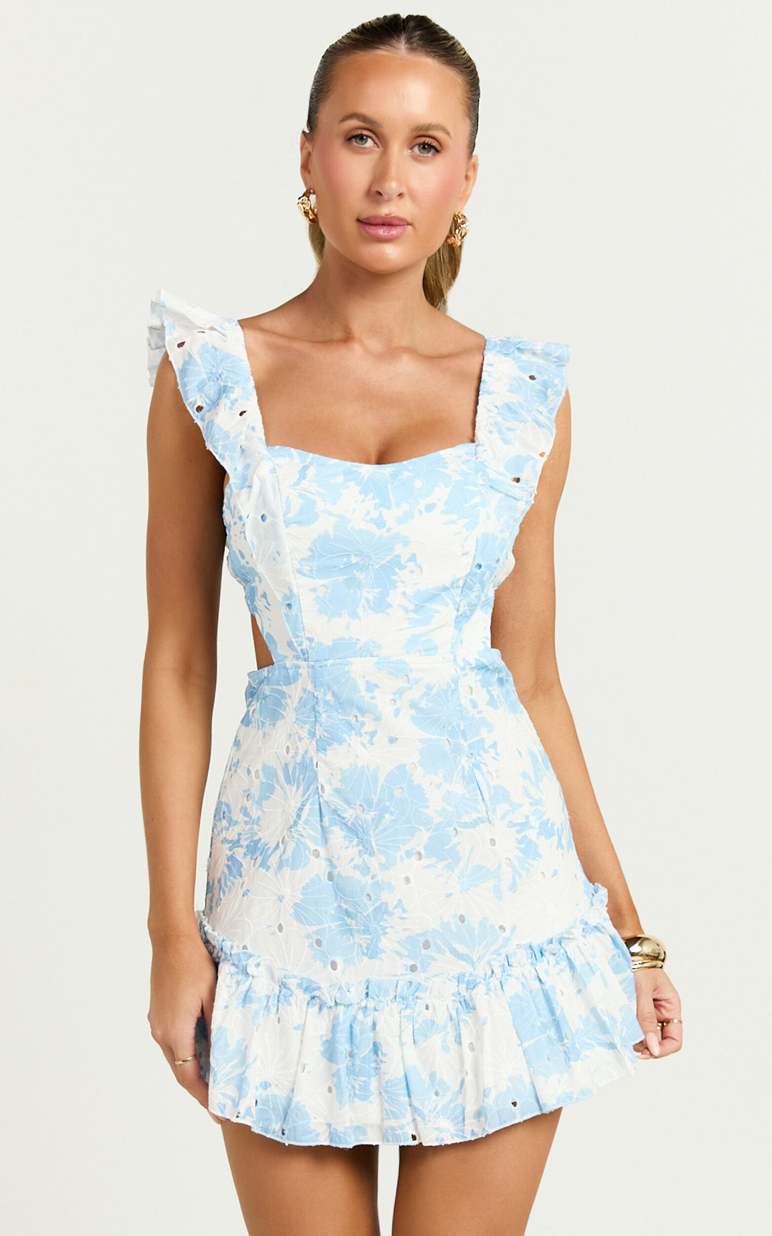 Anisha Mini Dress - Flutter Sleeve Straight Neck With Tie Back Dress in Blue Floral Print