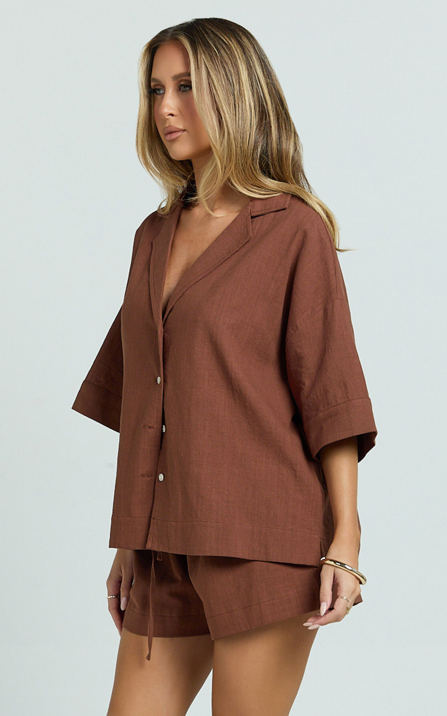 Saina Two Piece Set - Button Through Shirt and Drawstring Shorts Set in Chocolate