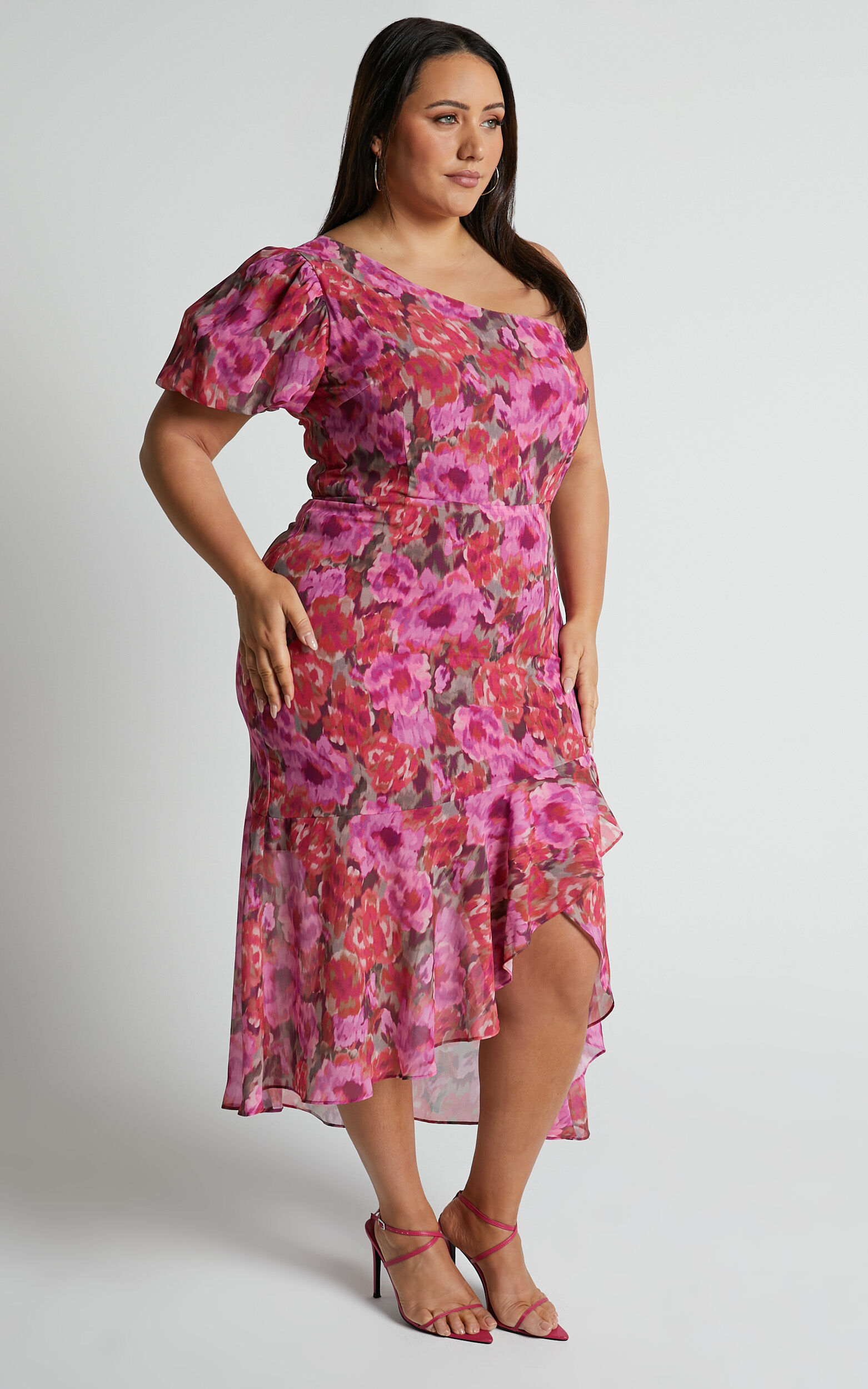 Clabelle Midi Dress - One Shoulder Ruffle Tulip Hem Dress in Violette Blur Floral