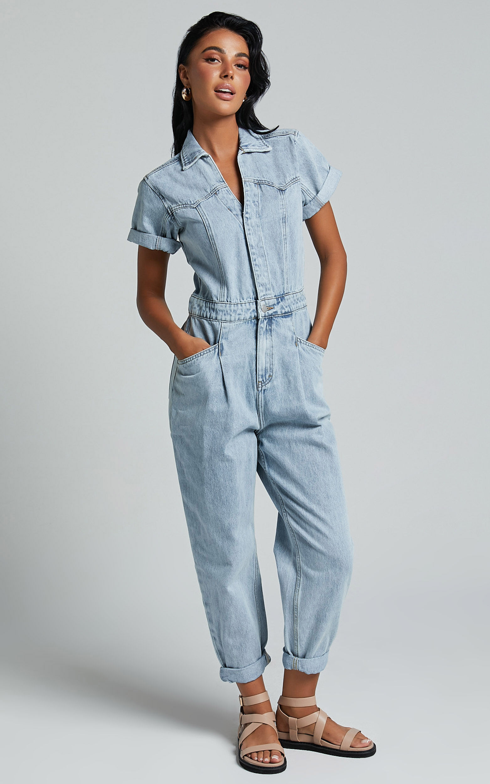 Jordyn Jumpsuit - Short Sleeve Collared Button Through Denim Jumpsuit in Light Blue