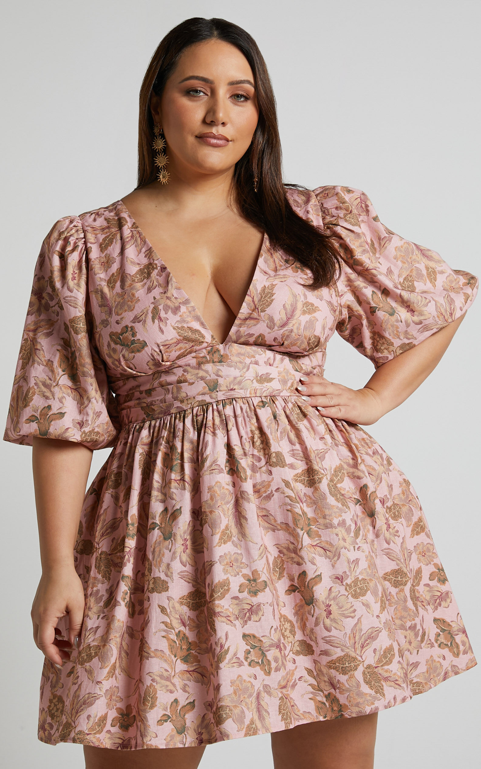 Amalie The Label - Rivinna Linen Blend Pleat Waist Puff Sleeve Mini Dress in Vahala Print