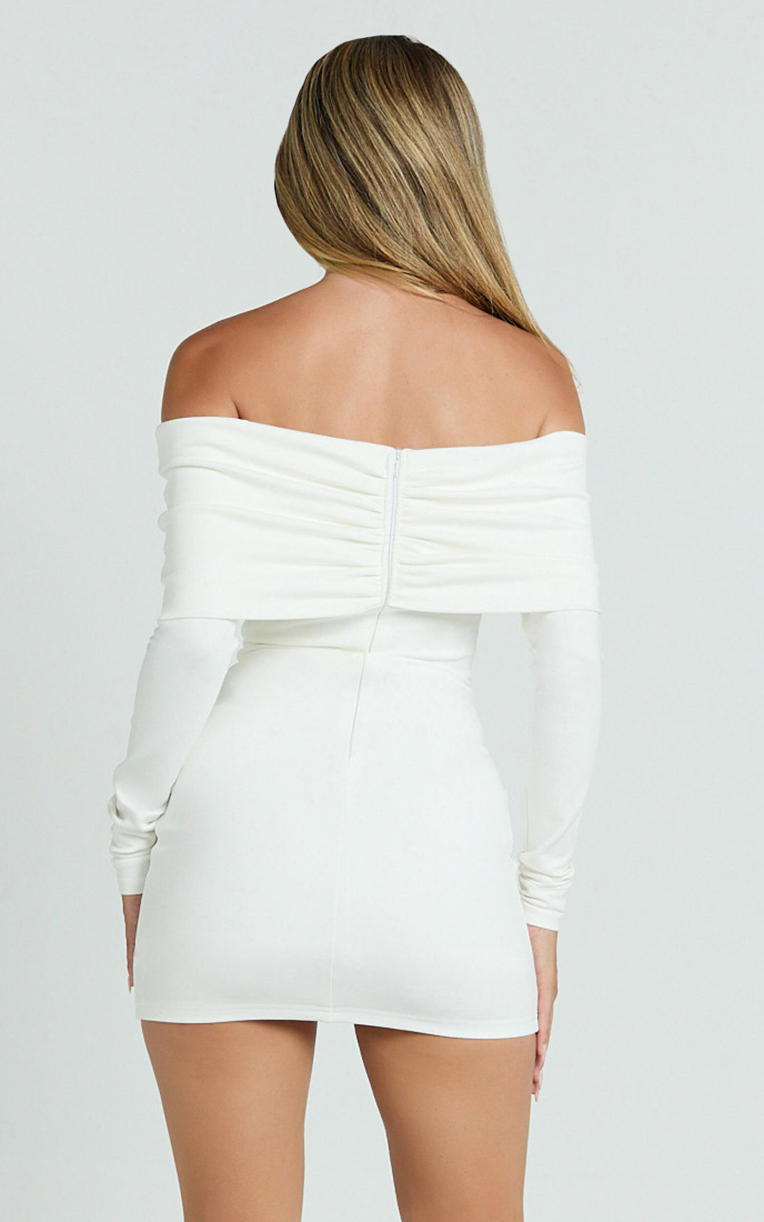 Rani Mini Dress - Off Shoulder Long Sleeve Bodycon Dress in Off White