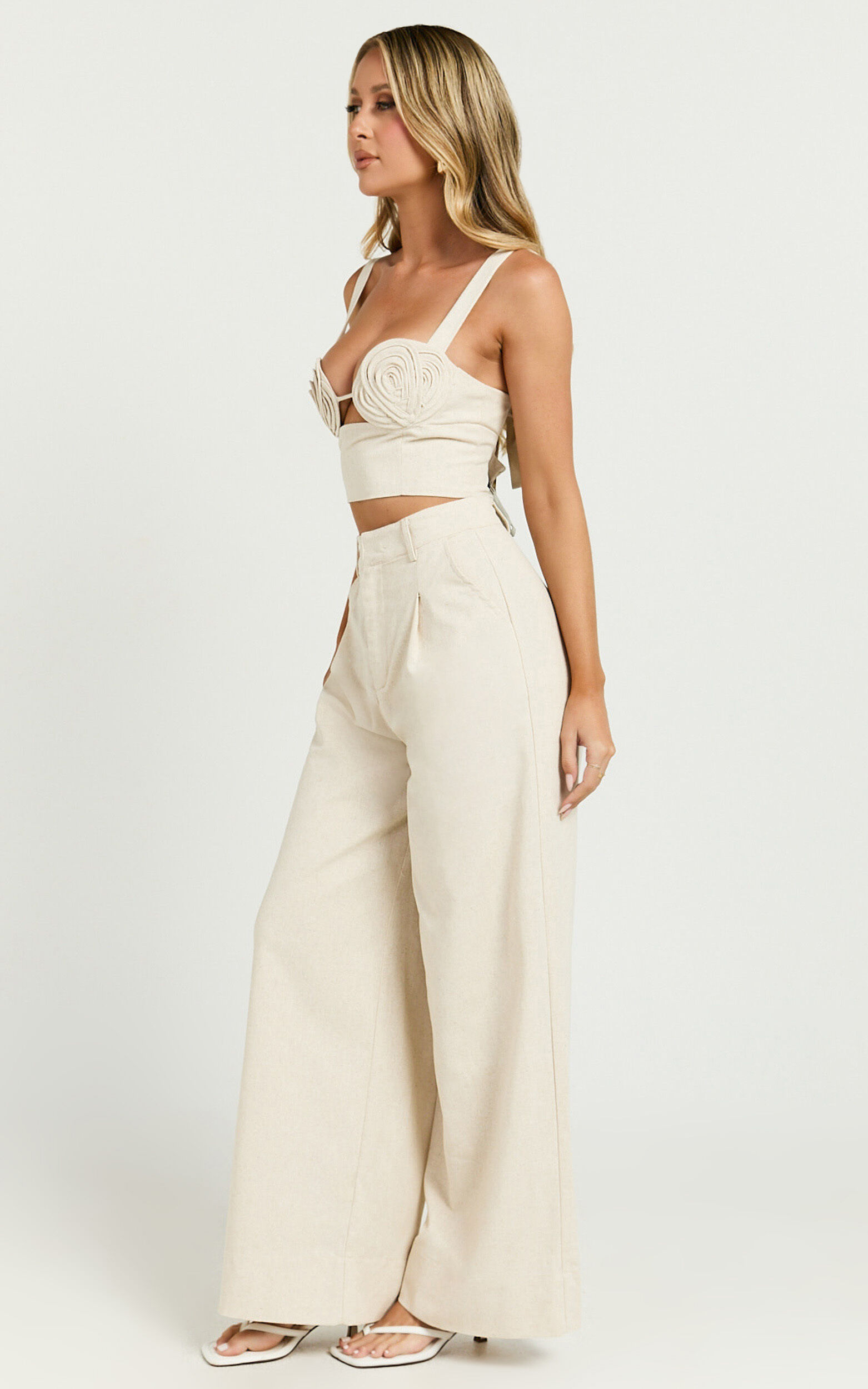 Hadley Two Piece Set - Linen Embroidered Tie Back Top and High Rise Wide Leg Pant in Oatmeal