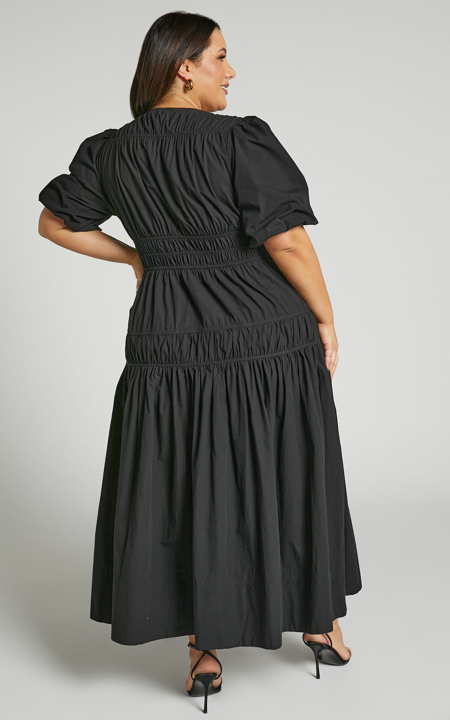 Mellie Midi Dress - Puff Sleeve Plunge Tiered Dress in Black