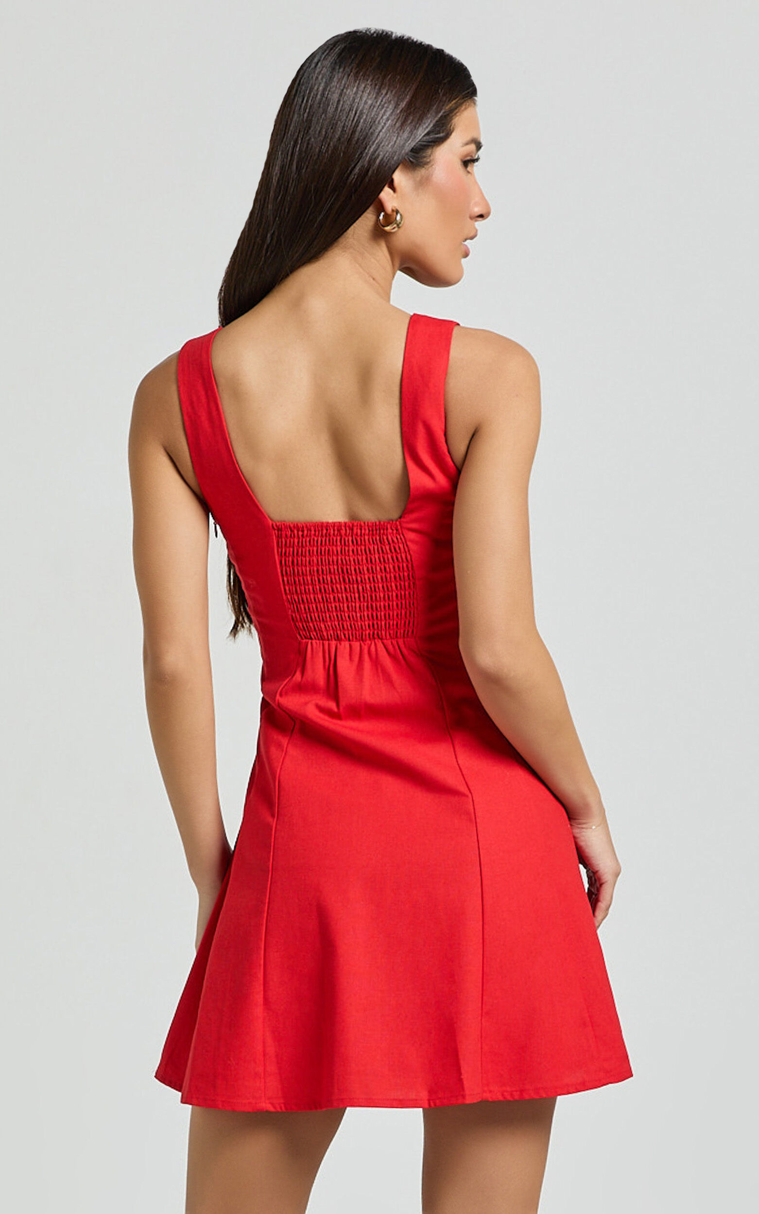 Adiana Mini Dress - Linen Square Neck Shirred Back A Line Dress in Red