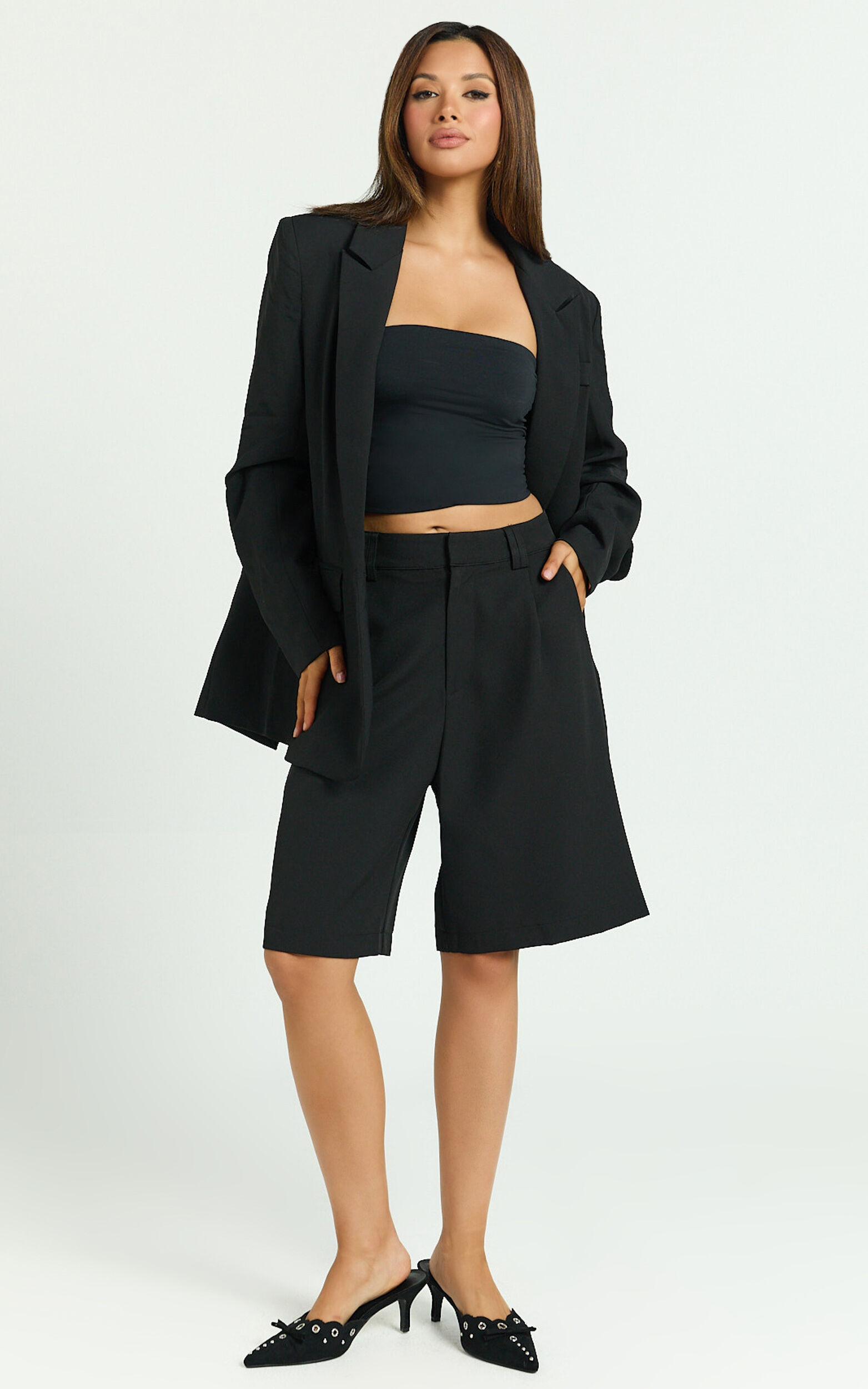 Nola Shorts - Mid Waist Bermuda Relaxed Fit Shorts in Black