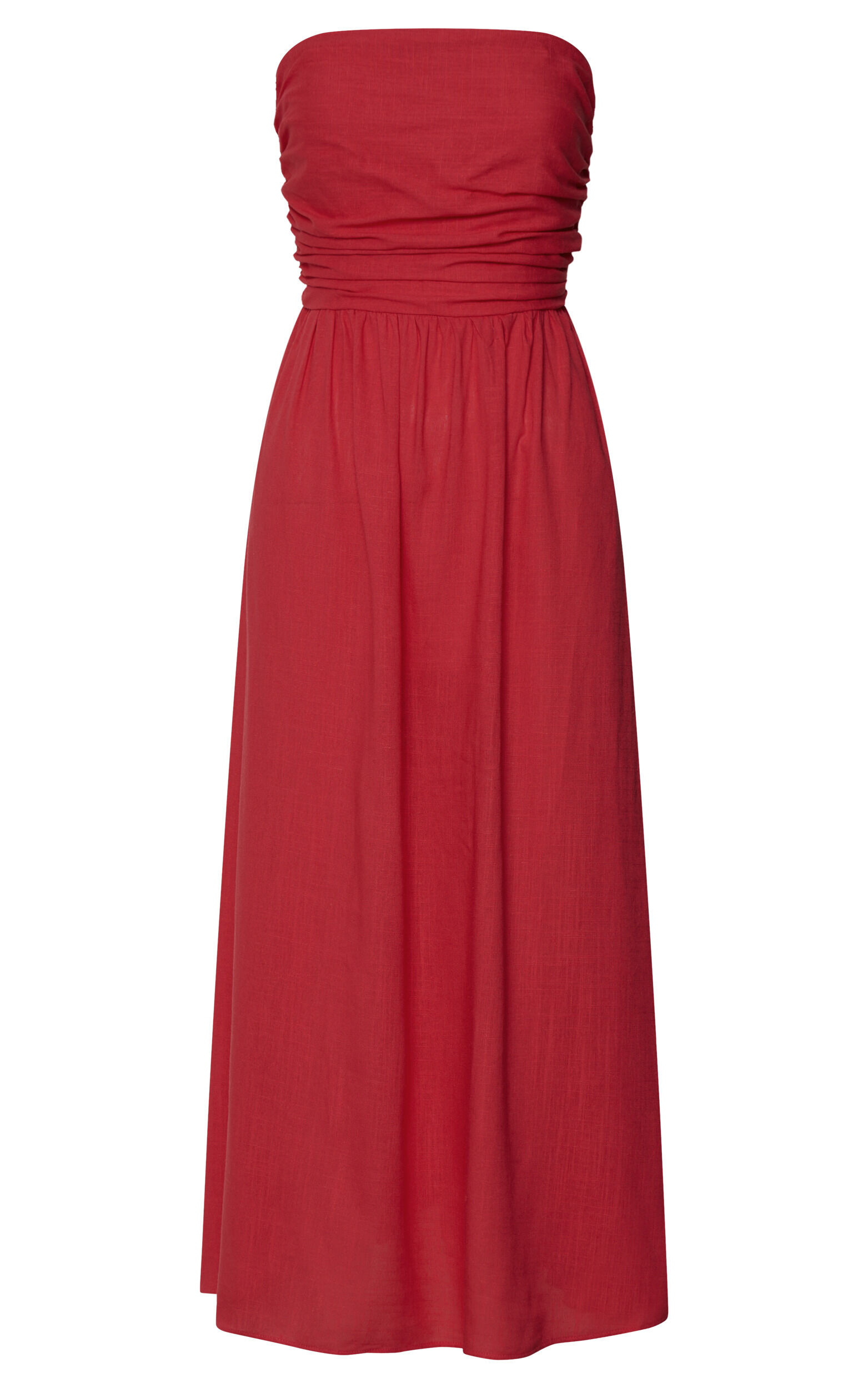 Polly Midi Dress - Strapless Ruched Dress in Red