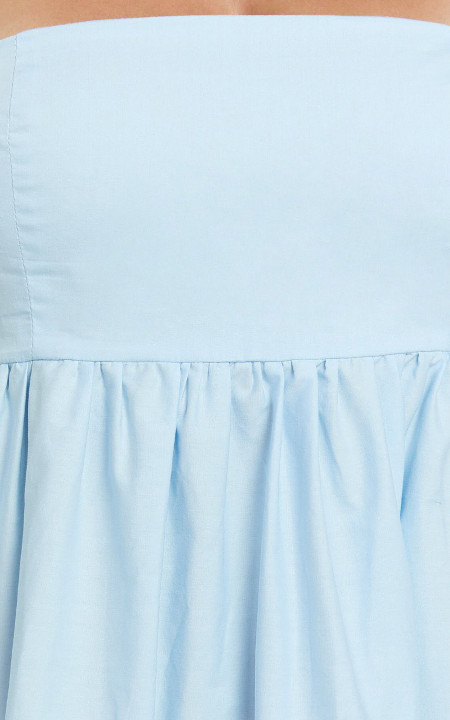 Aveiro Midi Dress - Straight Neck Shoulder Tie High Low Ruffle Hem in Soft Blue