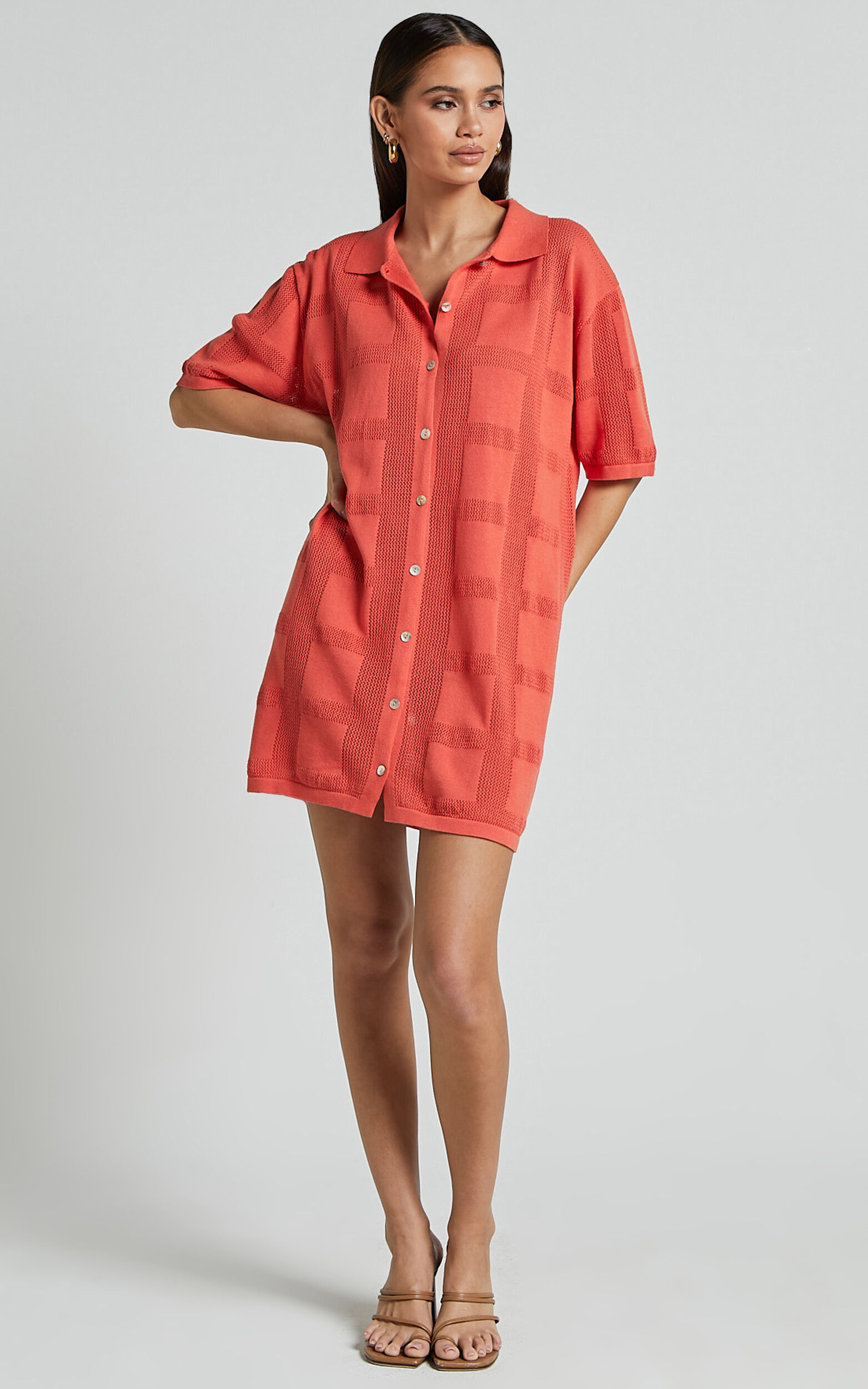 Tully Mini Dress - Knitted Button Through Shift Dress in Coral
