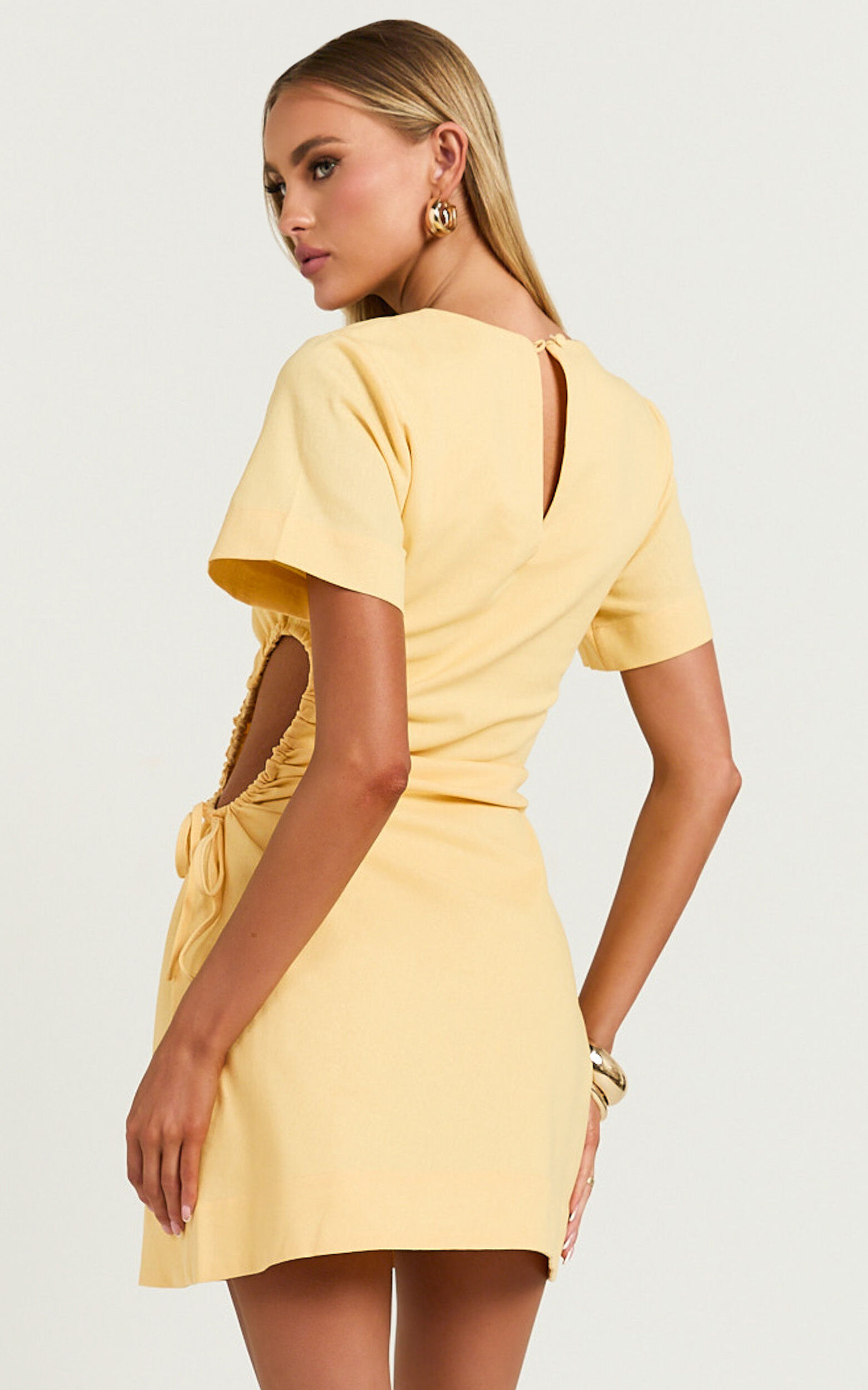 Samira Mini Dress - Ruched Cut Out Linen Dress in Lemon