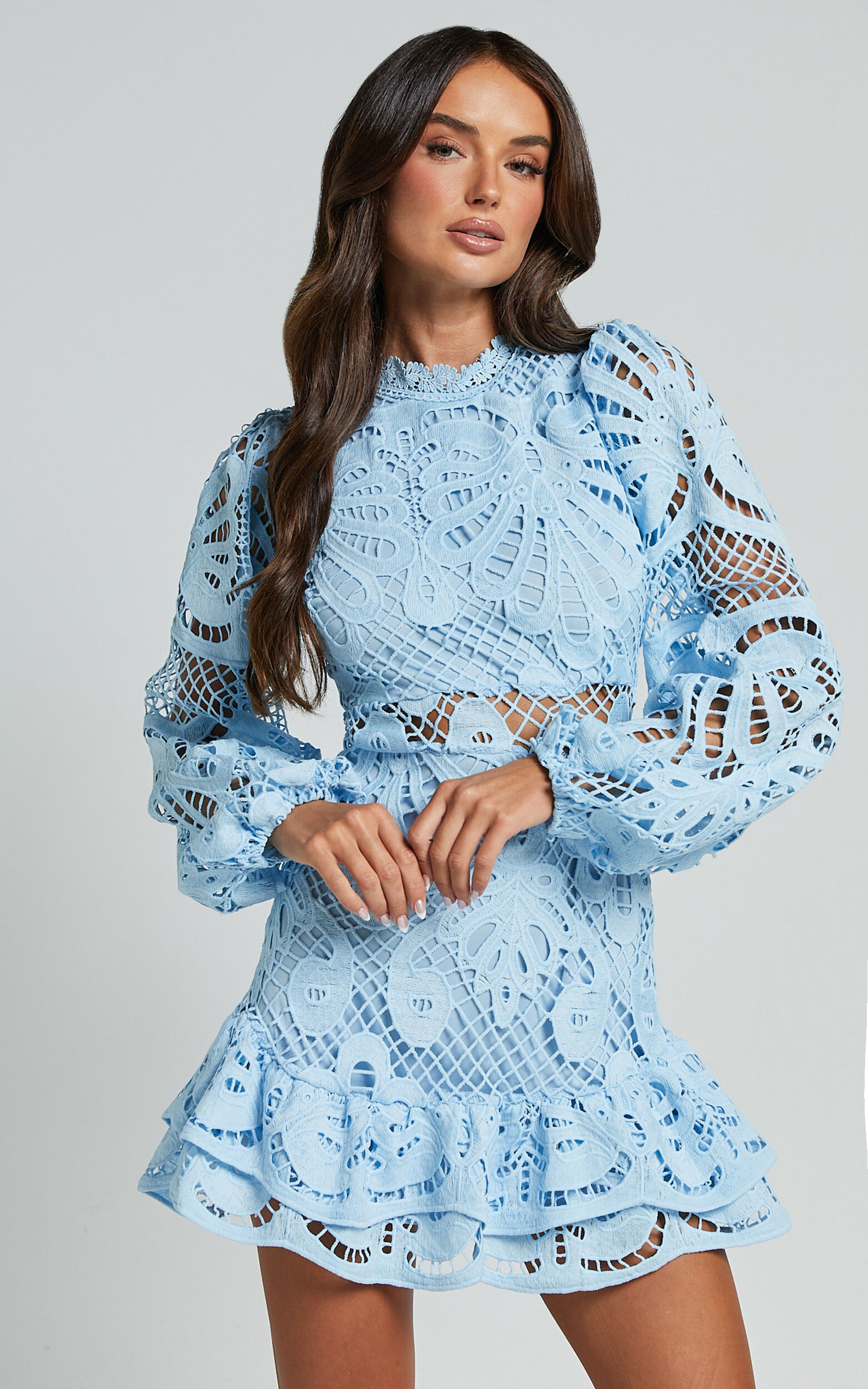 Kiss Me Now Mini Dress - Long Puff Sleeve Dress in Soft Blue