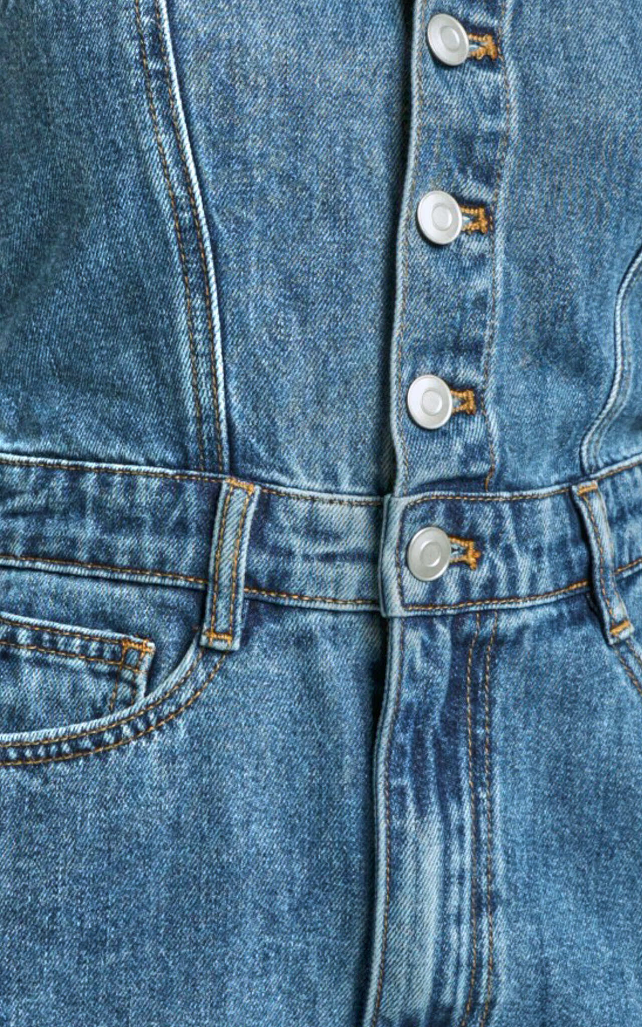 Keyla Midi Dress - Denim Strapless Button Front Shirred Back in Mid Blue Wash