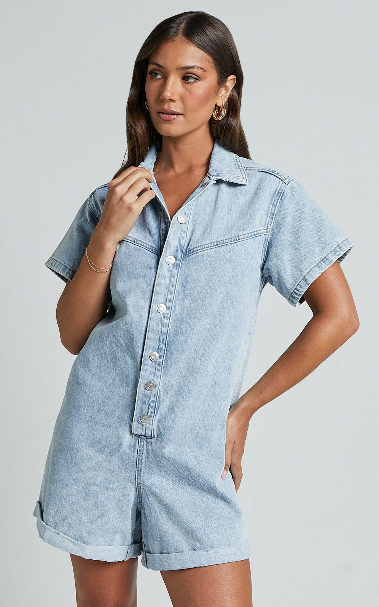 Reid Playsuit - Button Through Denim Playsuit in Light Blue Wash