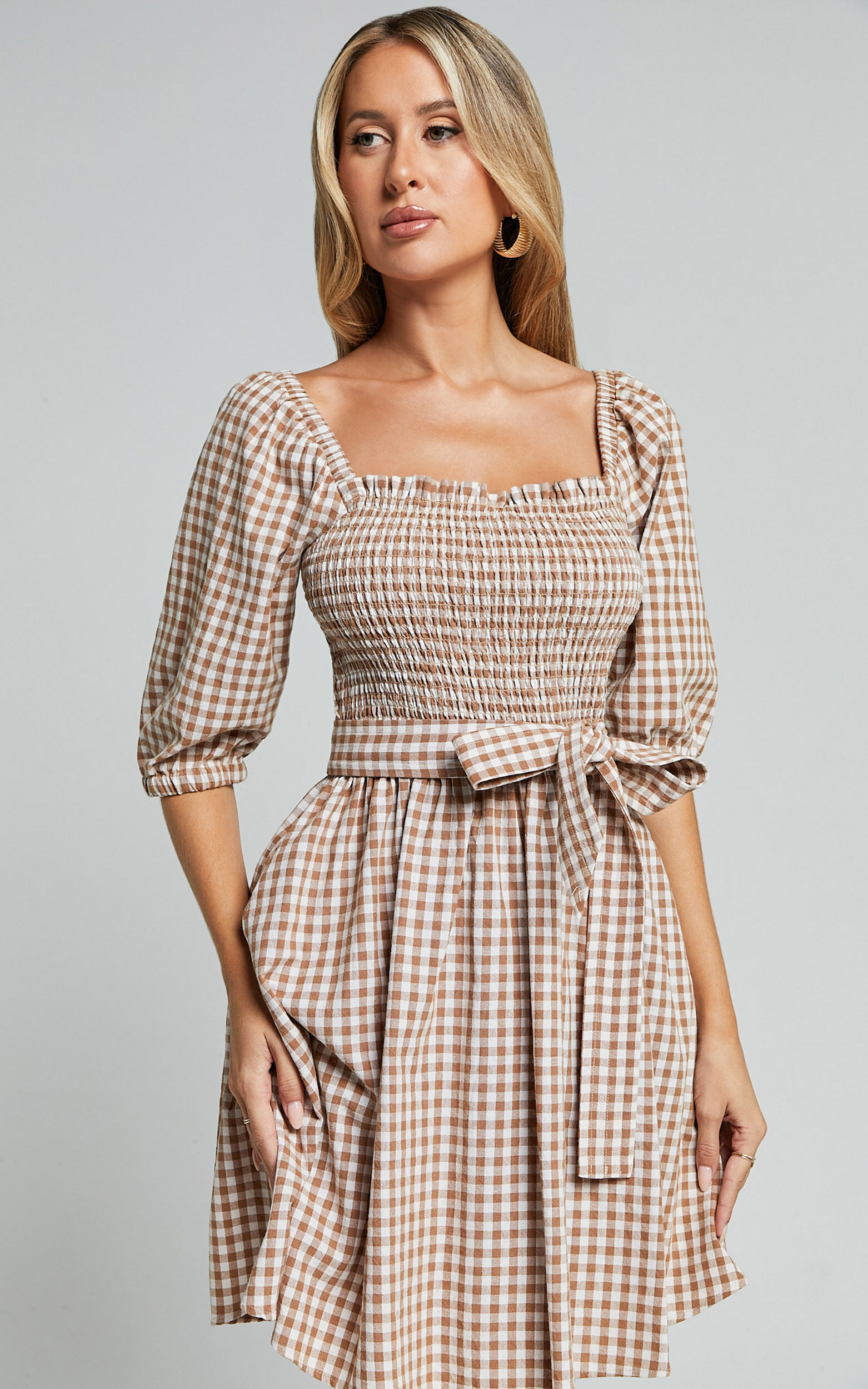 Liza Mini Dress - Shirred Bodice Short Sleeve Tie Dress in Caramel and White Gingham