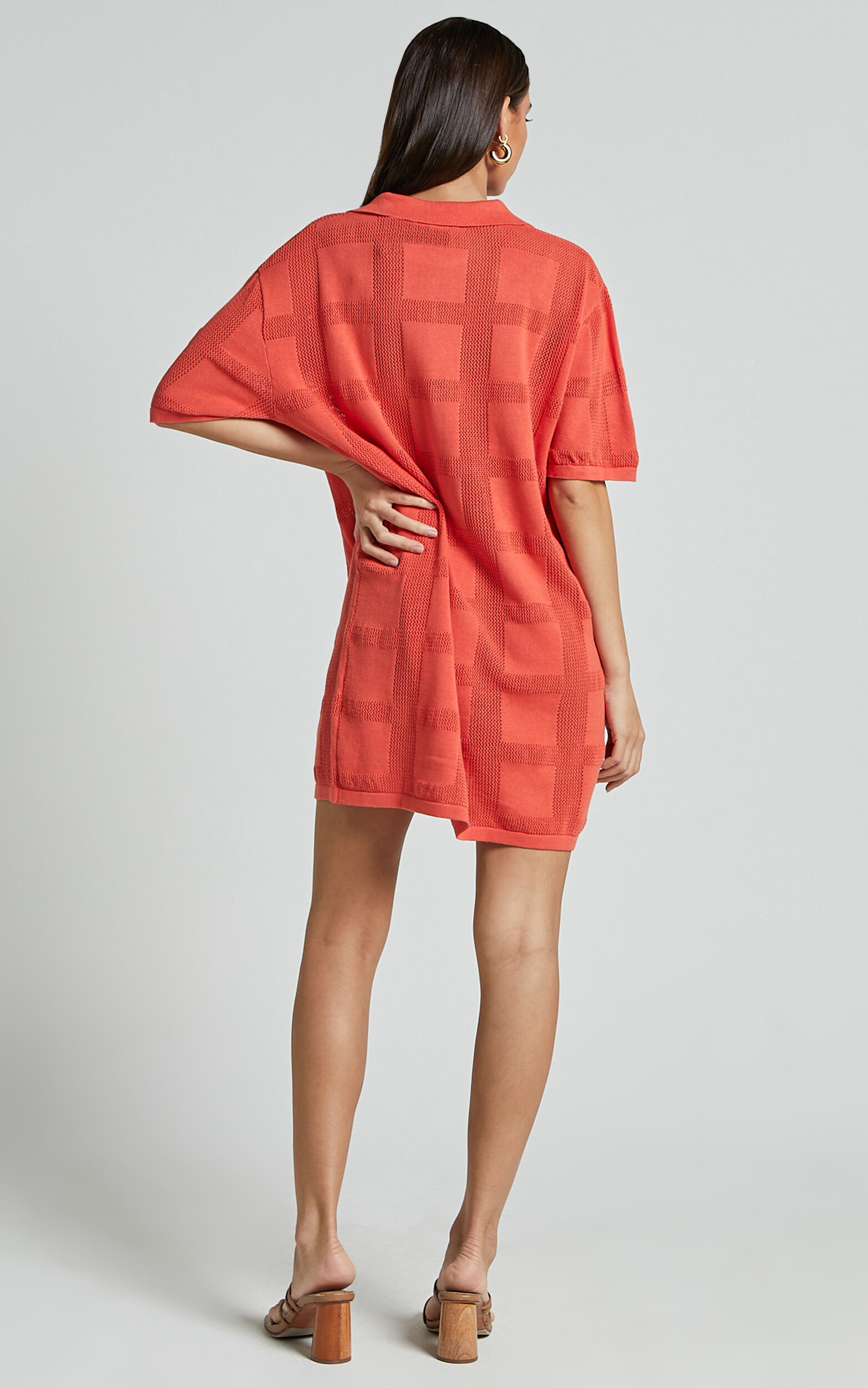Tully Mini Dress - Knitted Button Through Shift Dress in Coral