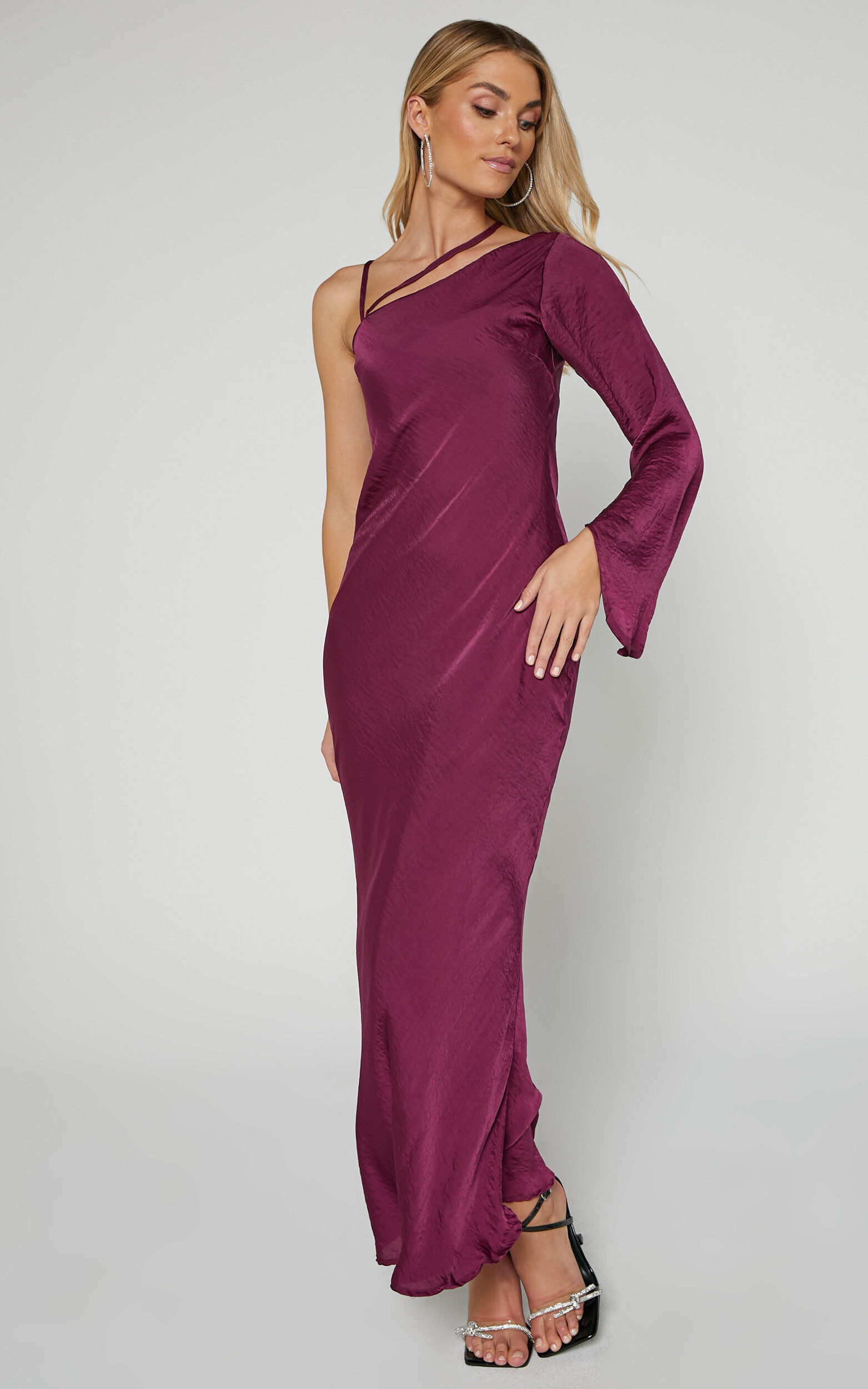 Khacy Midi Dress - One Shoulder Halter Dress in Plum