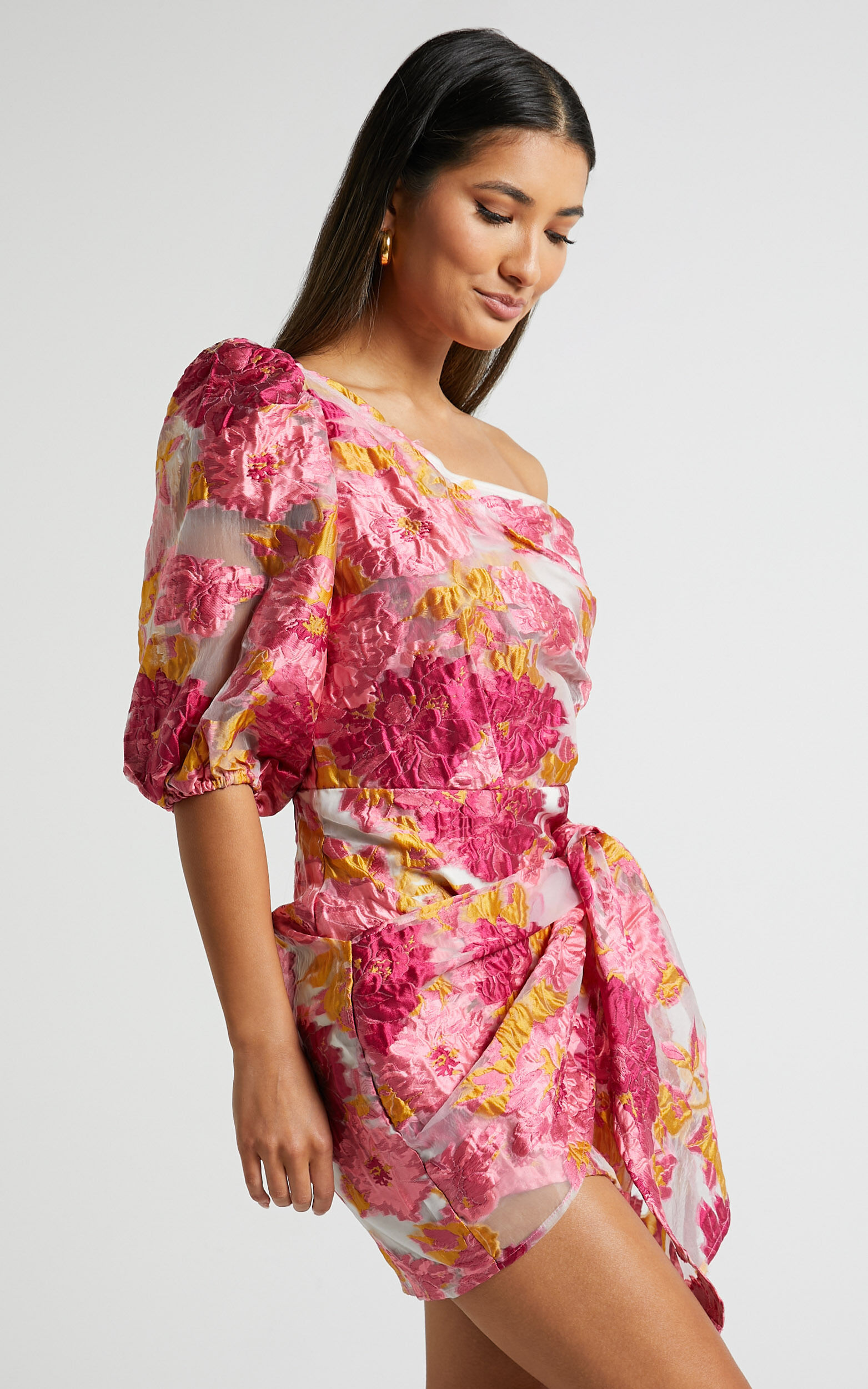 Brailey Mini Dress - One Shoulder Puff Sleeve Dress in Pink Jacquard
