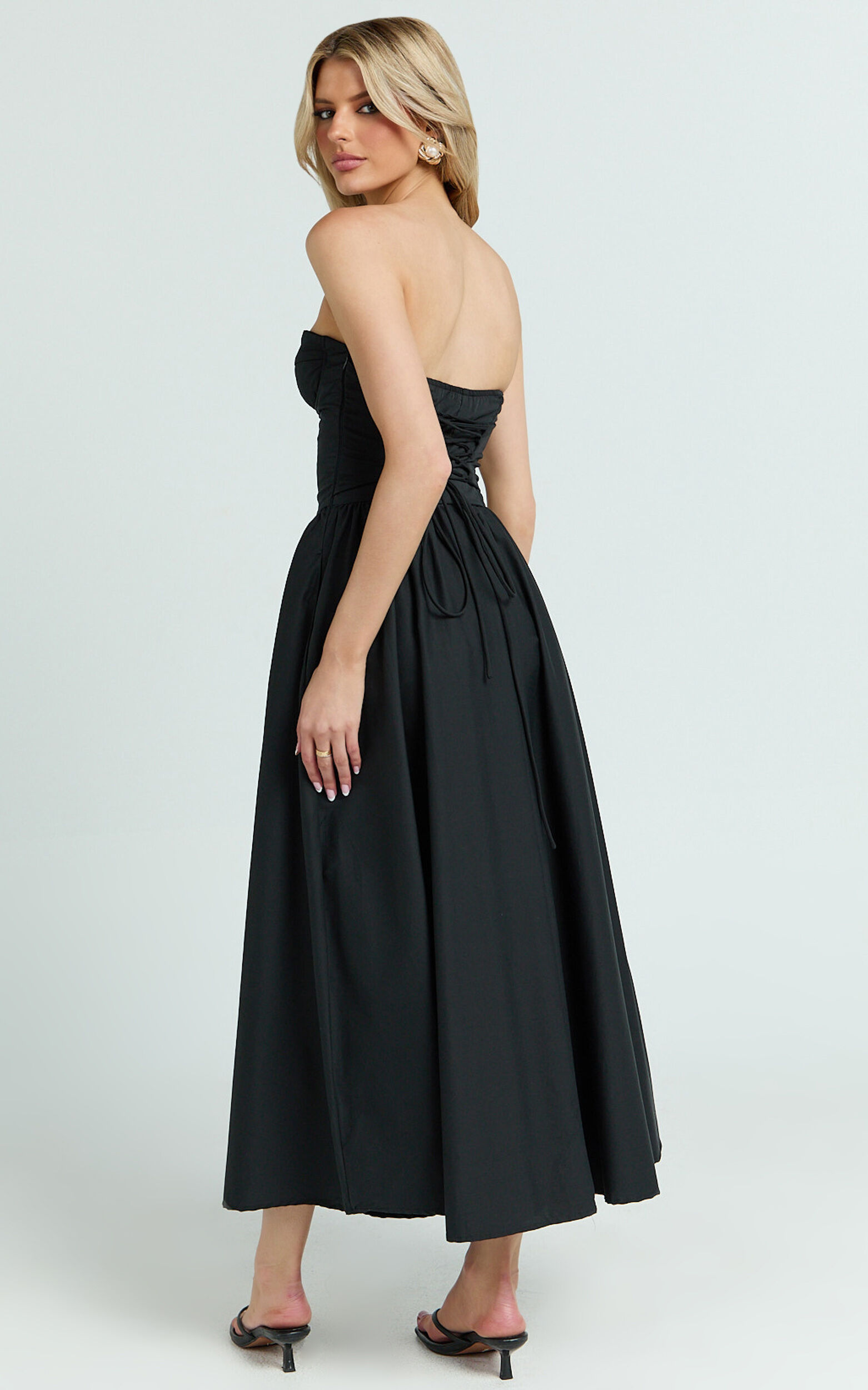 Daria Midi Dress - Strapless Corset Gathered Dress in Black