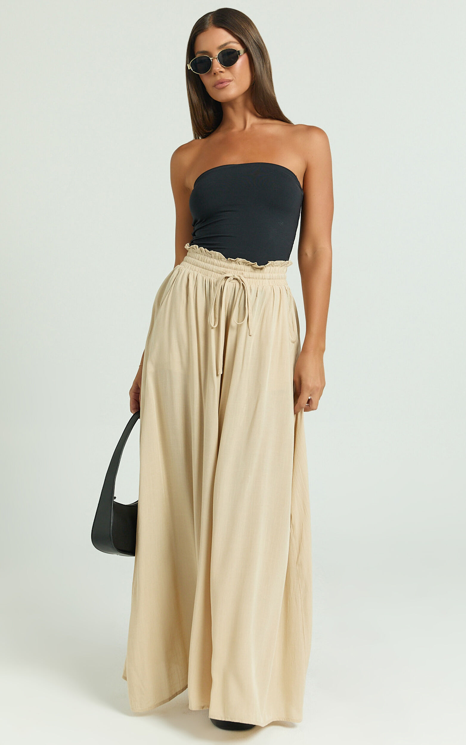 Hany Pants - High Waist Drawstring Wide Leg Pants in Stone