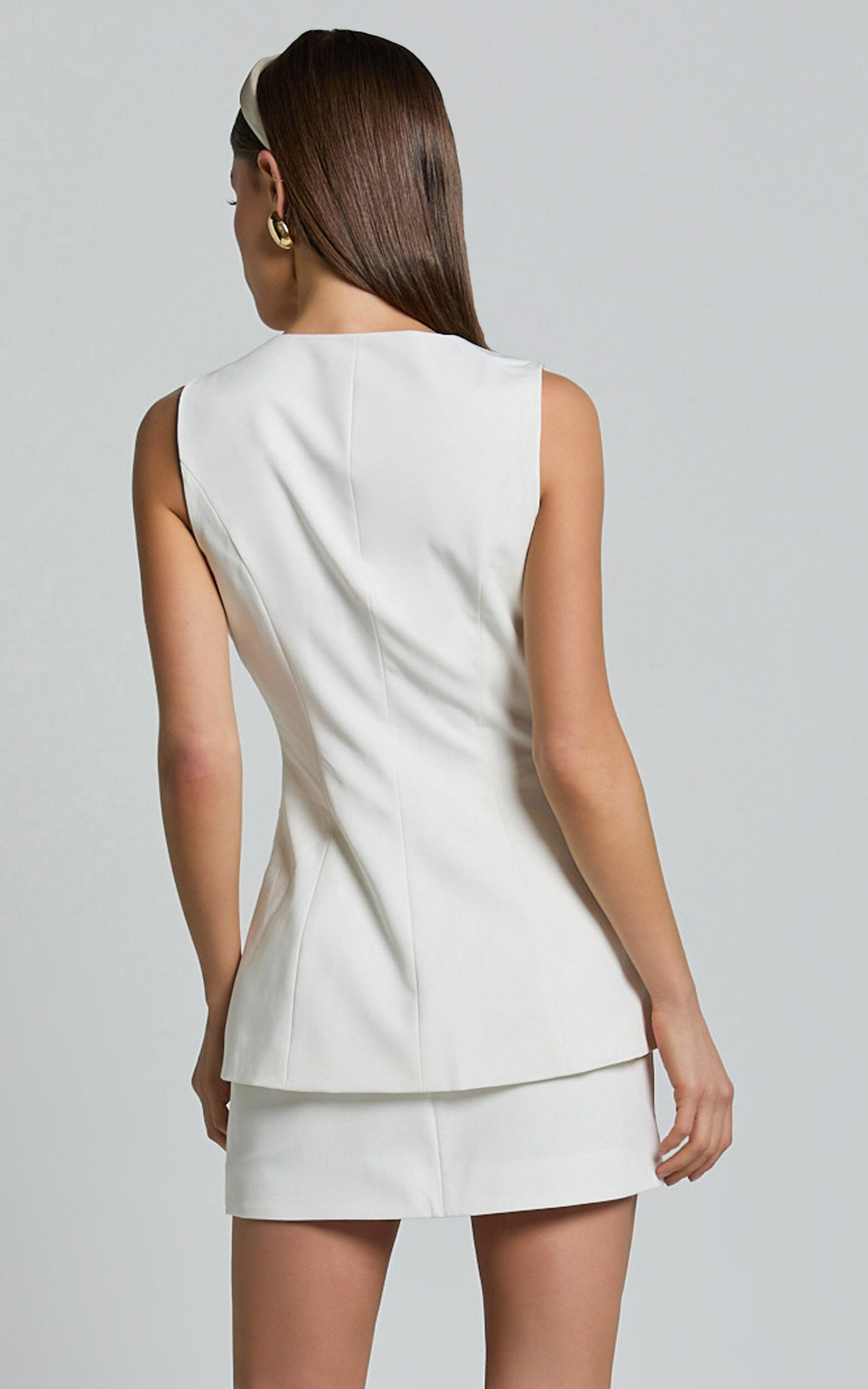 Phyllis Two Piece Set - Tailored Scoop Neck Vest Top and A Line Mini Skirt Set in White