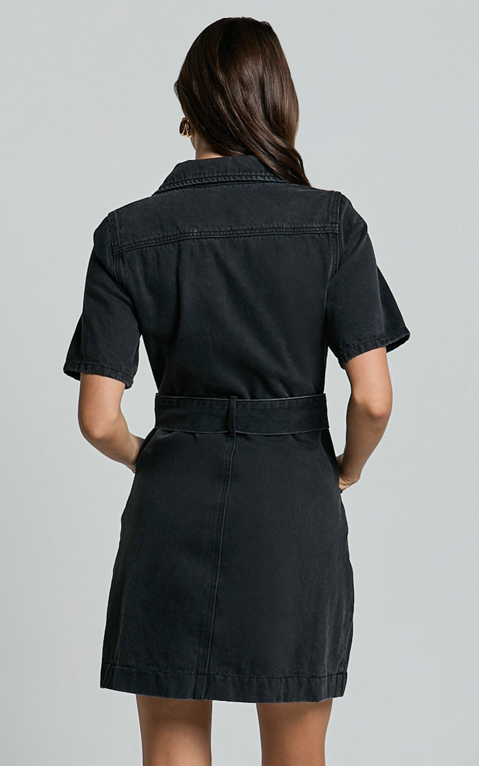 Aelicia Mini Dress - Button Through Denim Dress in Washed Black