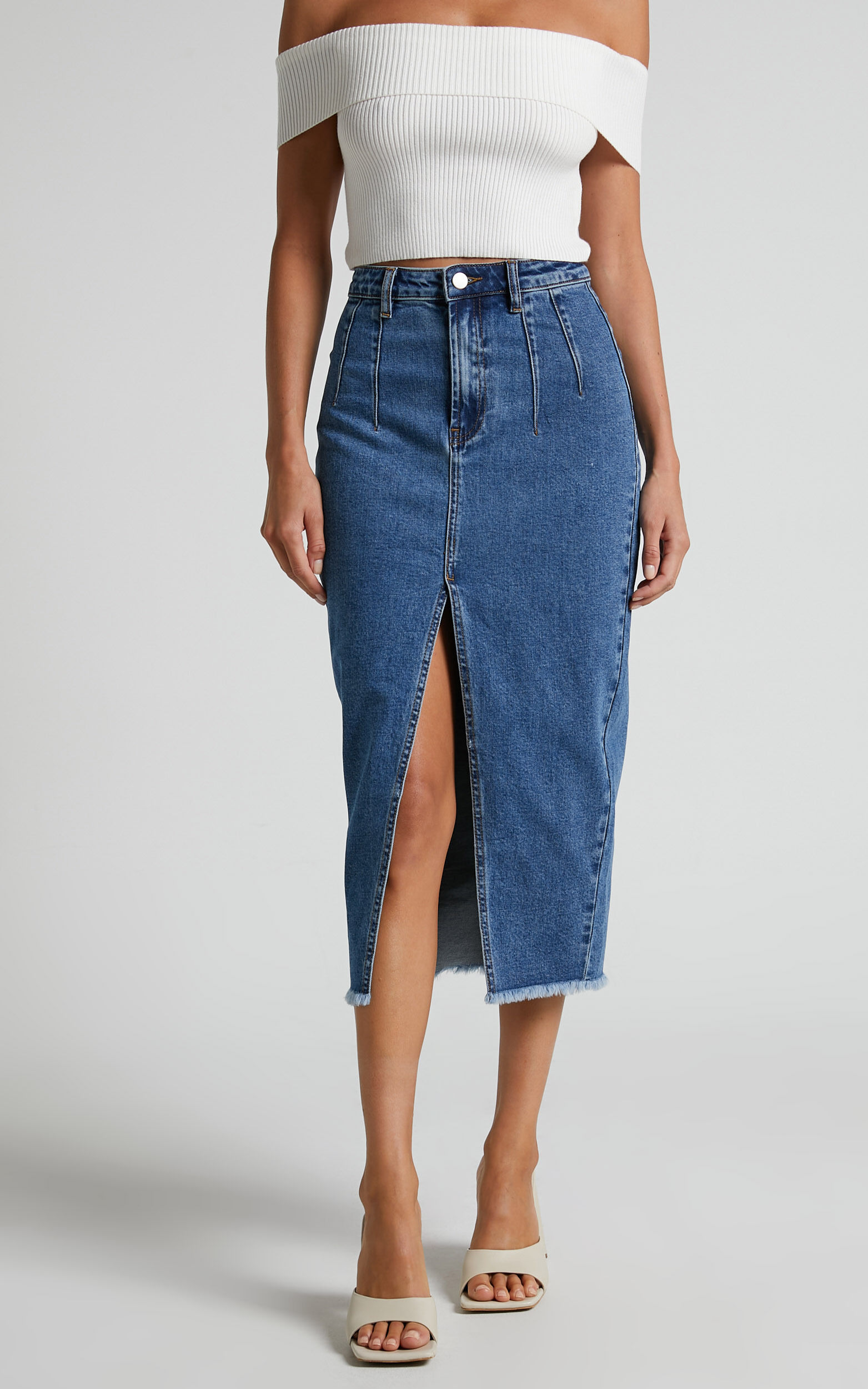 Janeve Midi Skirt - Front Split Denim Skirt in Dark Blue