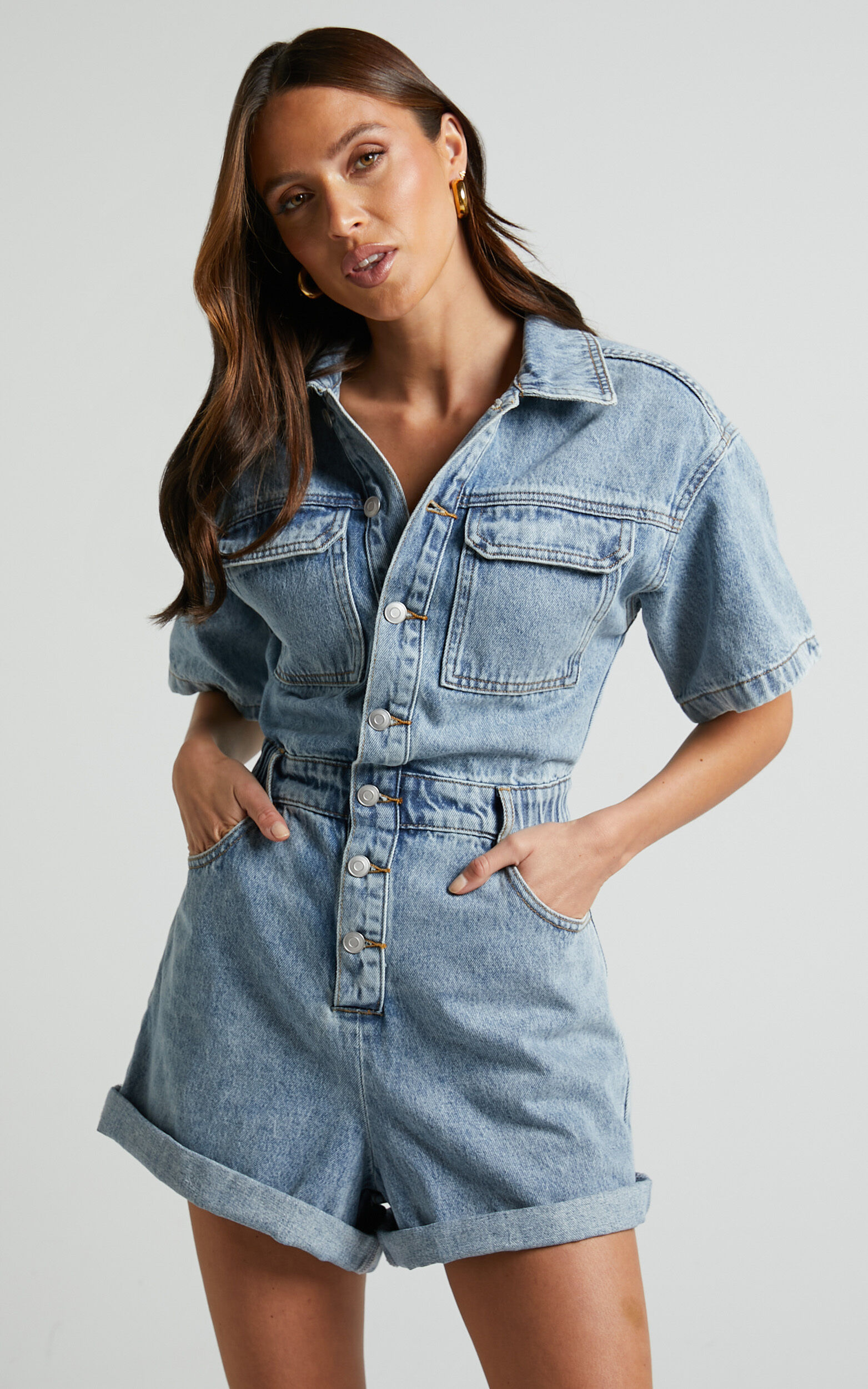 Leo Playsuit - Collared Short Sleeve Button Front Denim Playsuit in Mid Blue Acid Wash