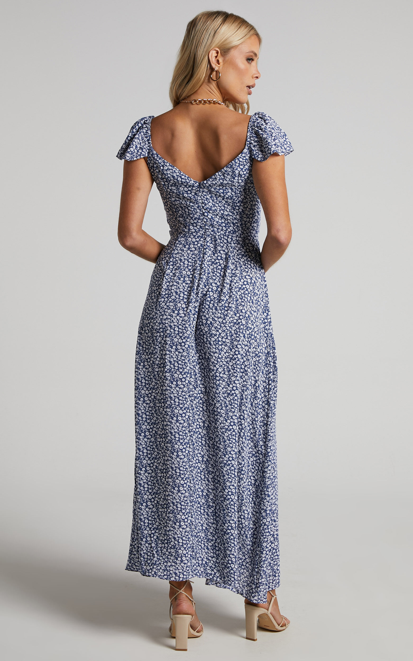 Donissa Midi Dress - Thigh Split Flutter Sleeve Dress in Blue