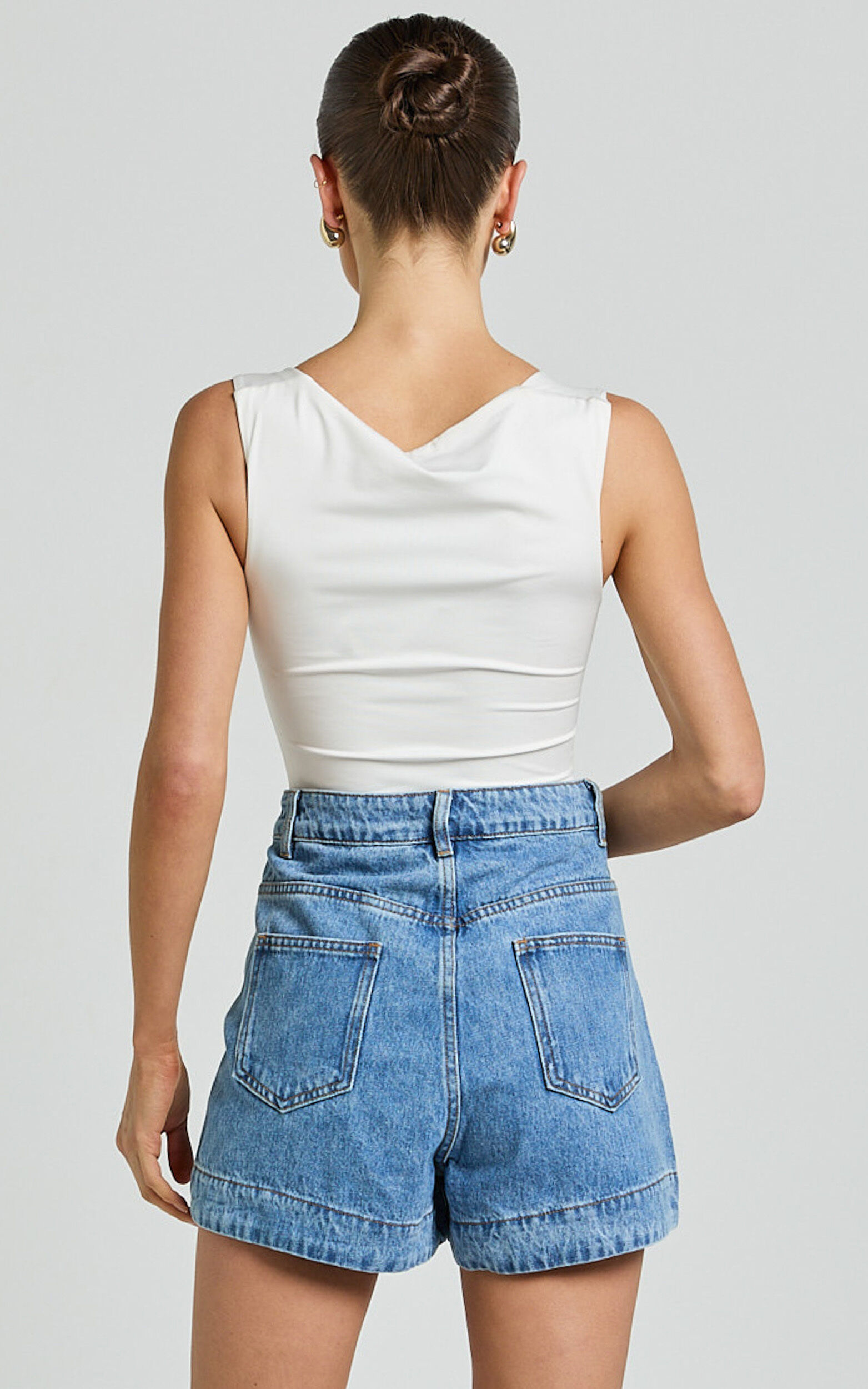 Rhianna Shorts - Mid Waist Recycled Denim Shorts in Mid Blue Wash