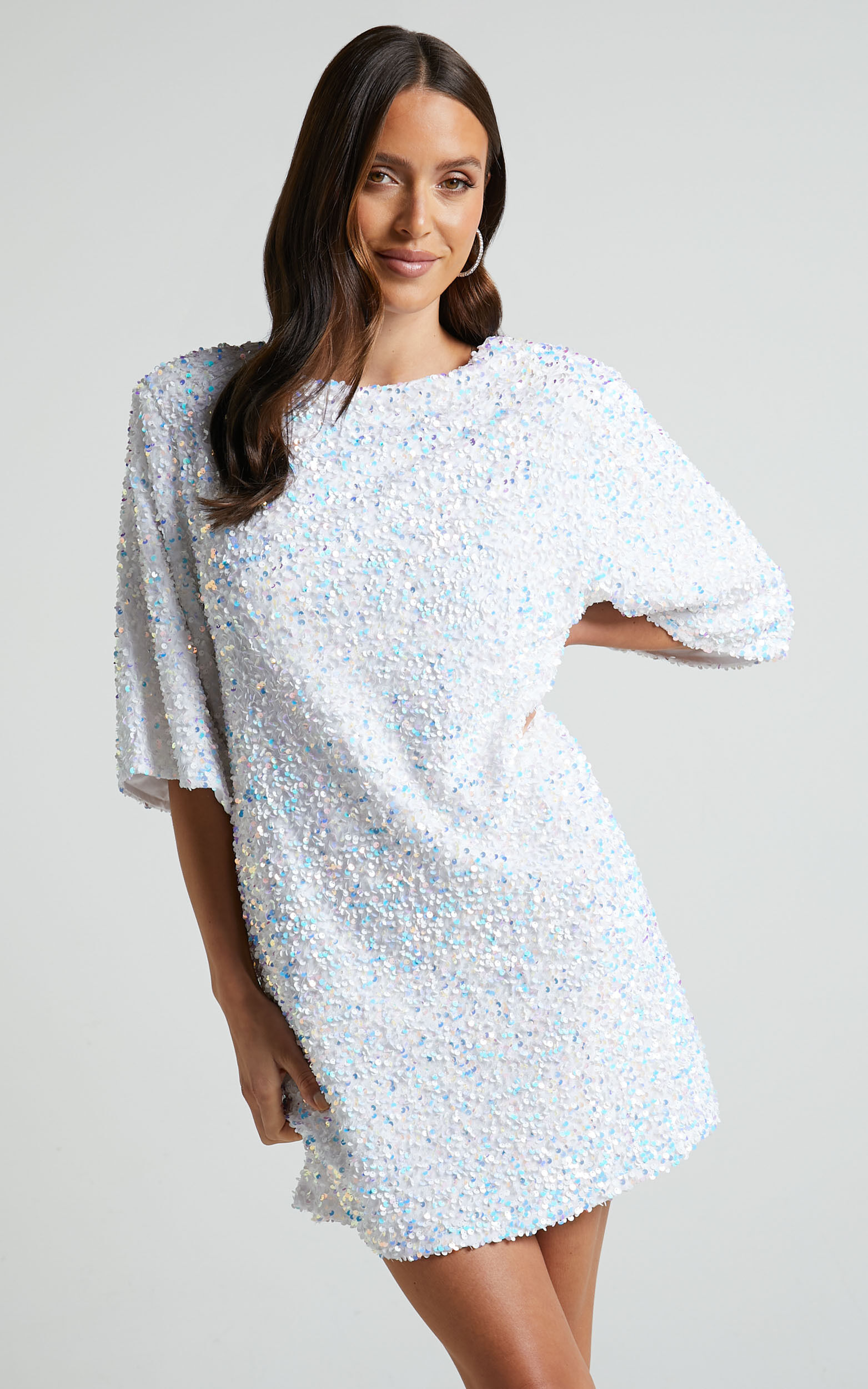 Valetta Mini Dress - Sequin low back shift dress in White