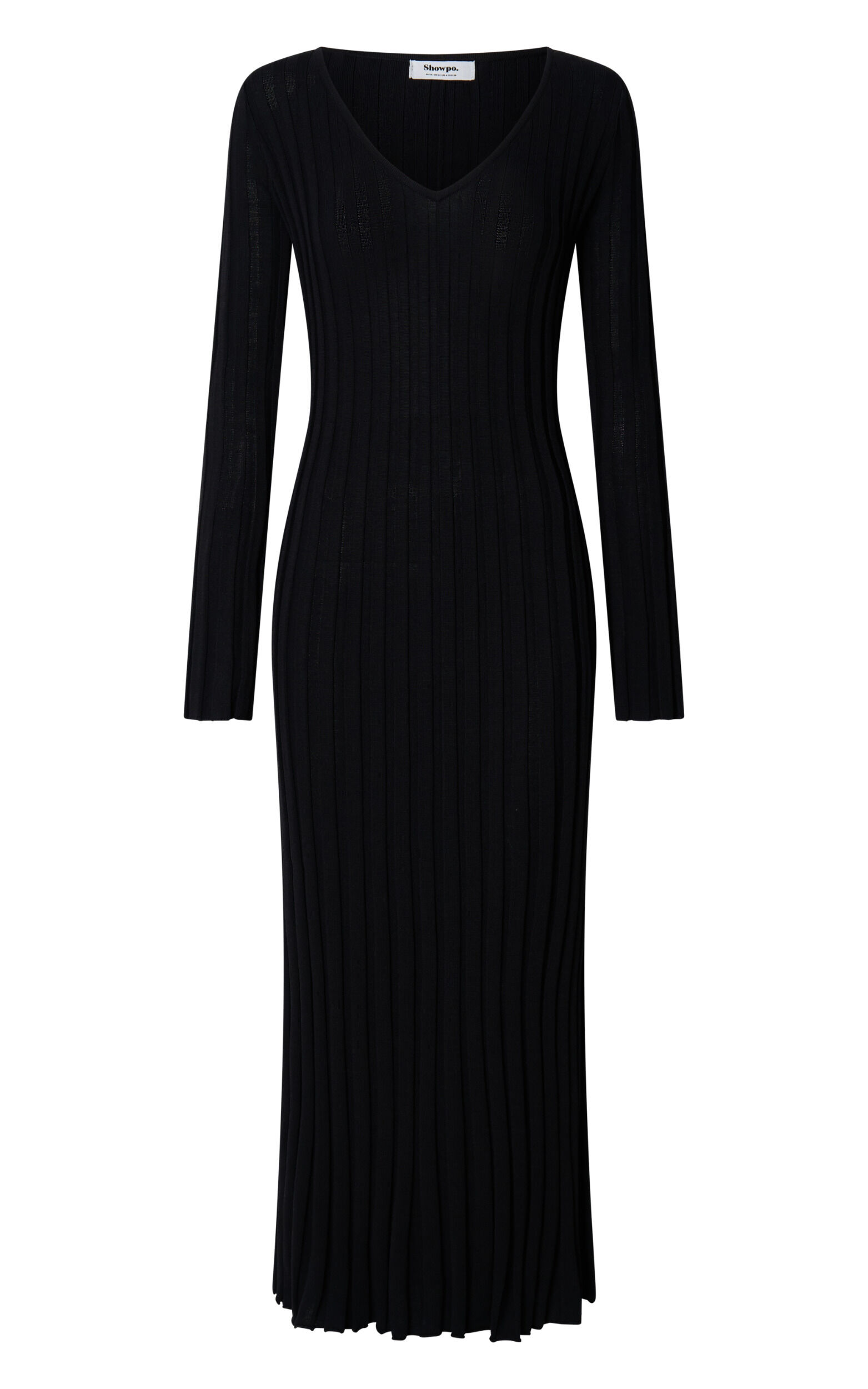 Astra Midi Dress - V Neck Long Sleeve Knit Dress in Black