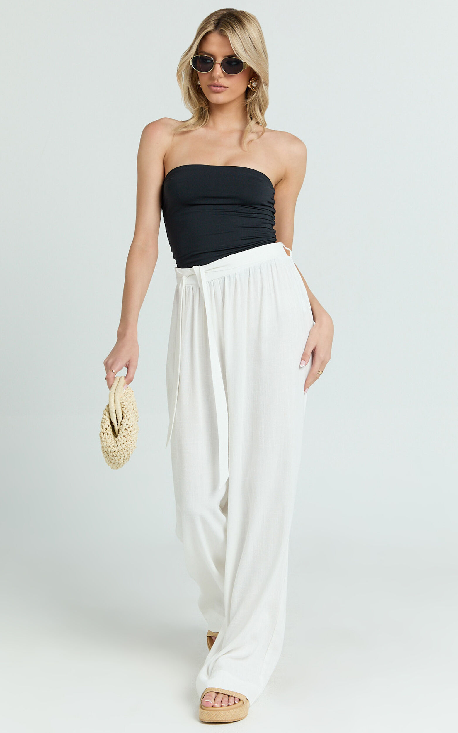 Kalli Pants - Linen Look Belted Wide Leg Relaxed Pants in White