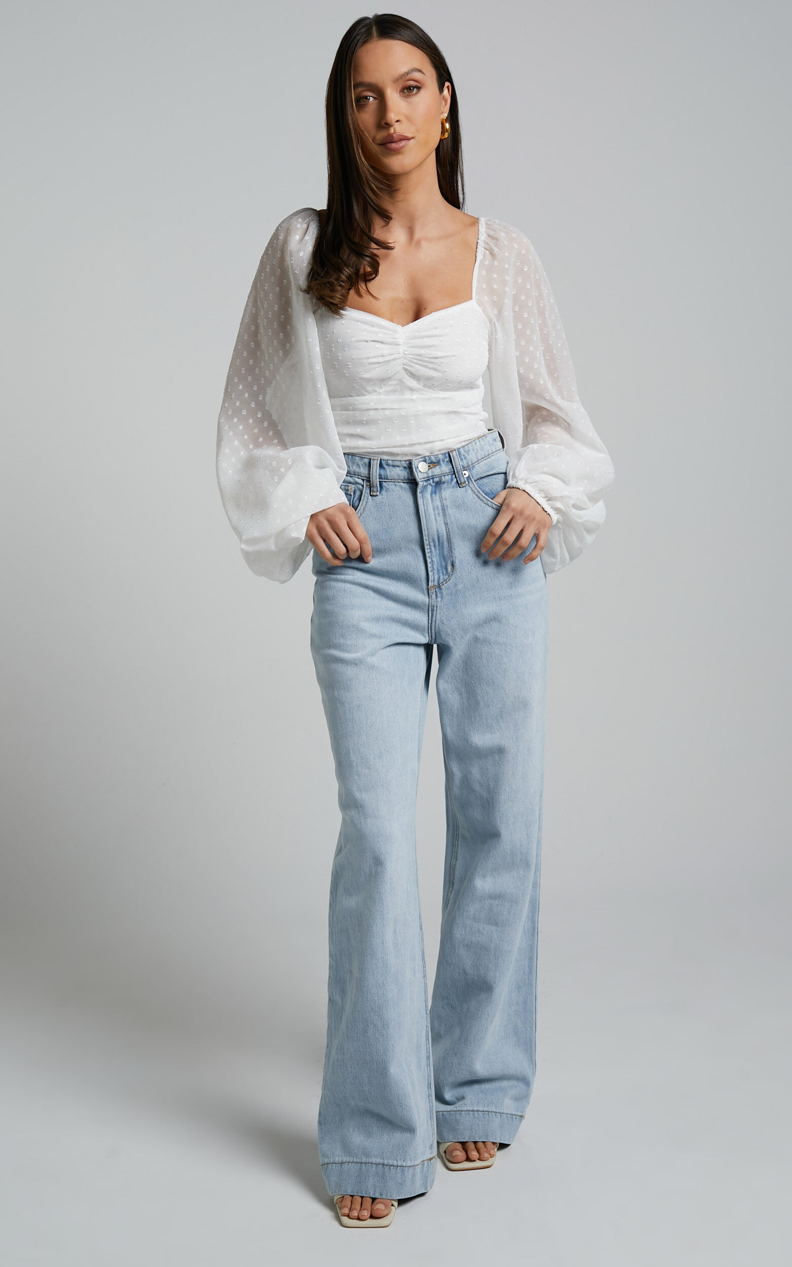 Conny Bodysuit - Spotted Balloon Sleeve Sweetheart Bodysuit in Ivory