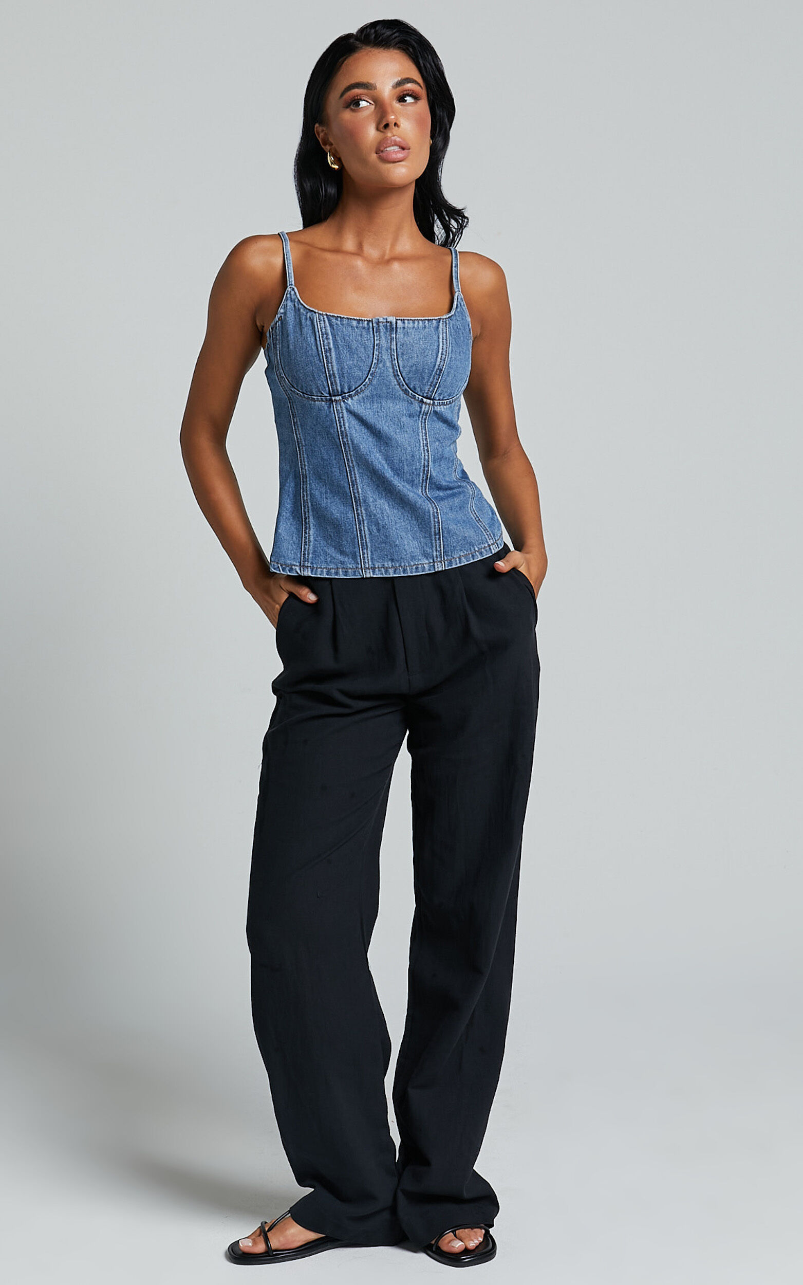 Mckenna Top - Strappy Bustier Denim Top in Mid Blue Wash